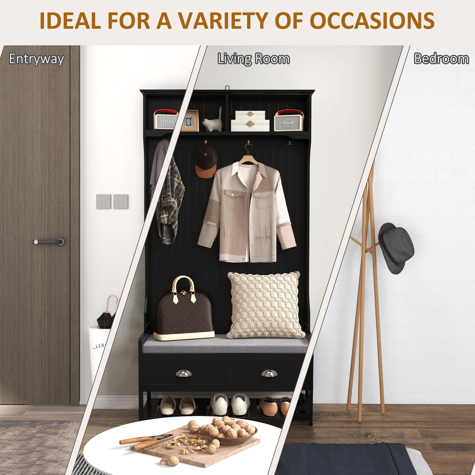 HOMCOM Coat Rack Shoe Bench, Hall Tree with Bench and Shoe Storage, Entryway Bench with 4 Hooks, 2 Drawers, 2 Storage Shelves, Shoe Rack and Padded Seat Cushion, Black