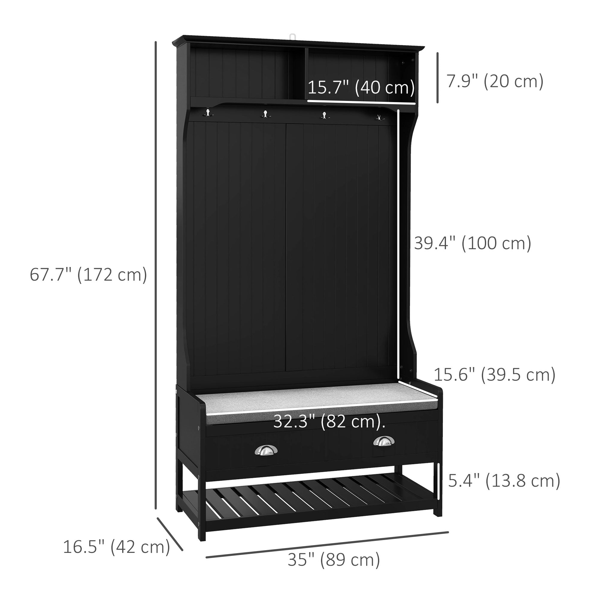 HOMCOM Coat Rack Shoe Bench, Hall Tree with Bench and Shoe Storage, Entryway Bench with 4 Hooks, 2 Drawers, 2 Storage Shelves, Shoe Rack and Padded Seat Cushion, Black