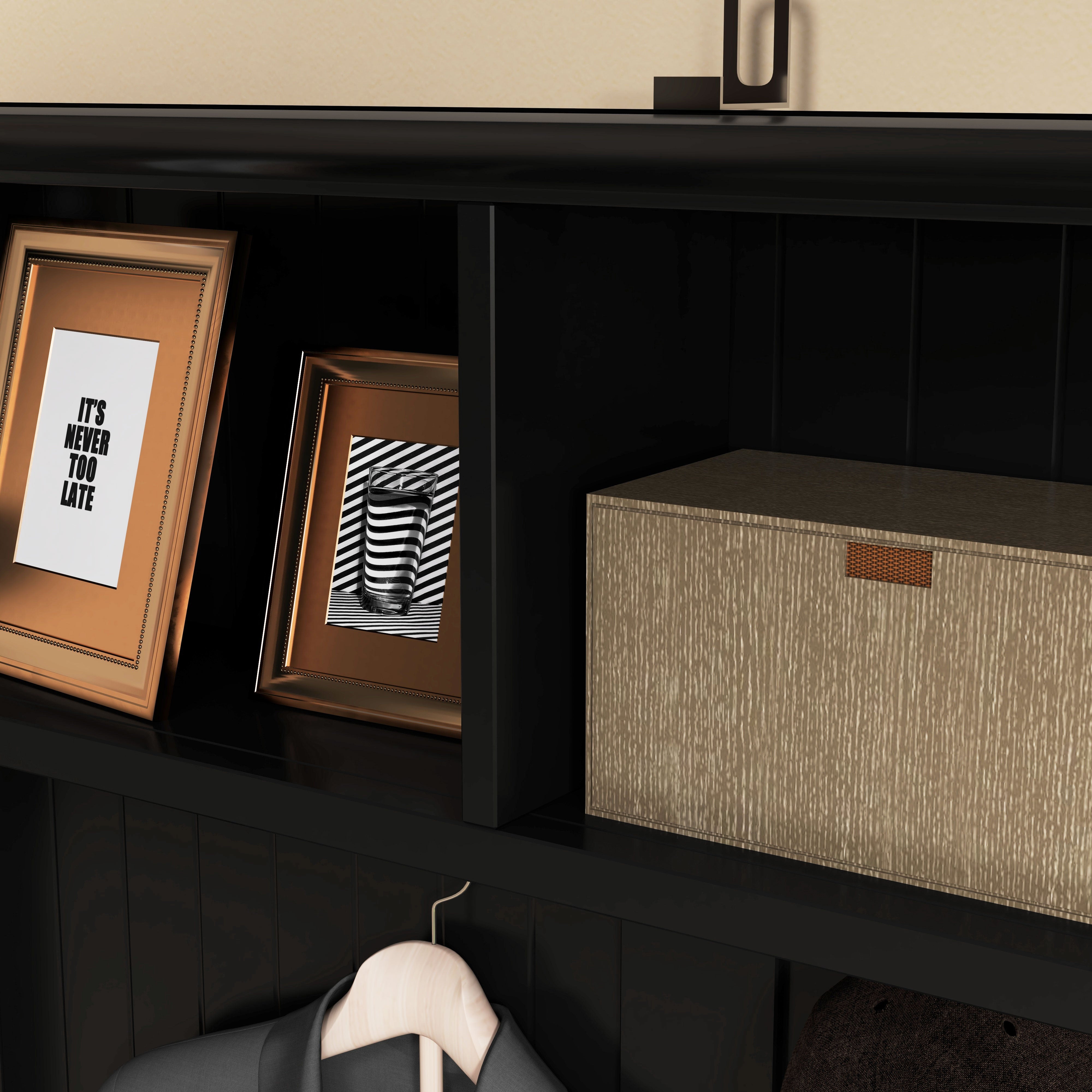 HOMCOM Coat Rack Shoe Bench, Hall Tree with Bench and Shoe Storage, Entryway Bench with 4 Hooks, 2 Drawers, 2 Storage Shelves, Shoe Rack and Padded Seat Cushion, Black