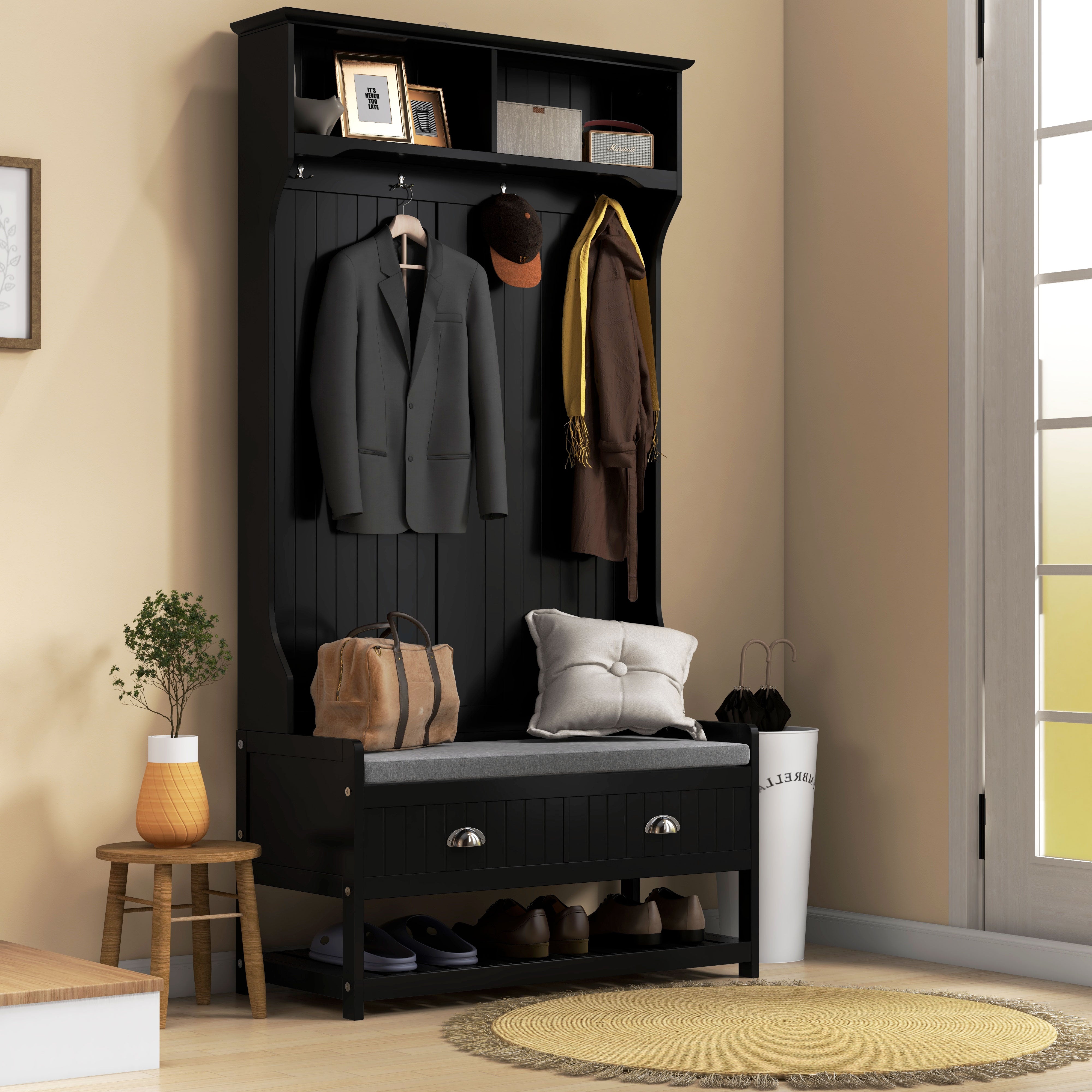 HOMCOM Coat Rack Shoe Bench, Hall Tree with Bench and Shoe Storage, Entryway Bench with 4 Hooks, 2 Drawers, 2 Storage Shelves, Shoe Rack and Padded Seat Cushion, Black