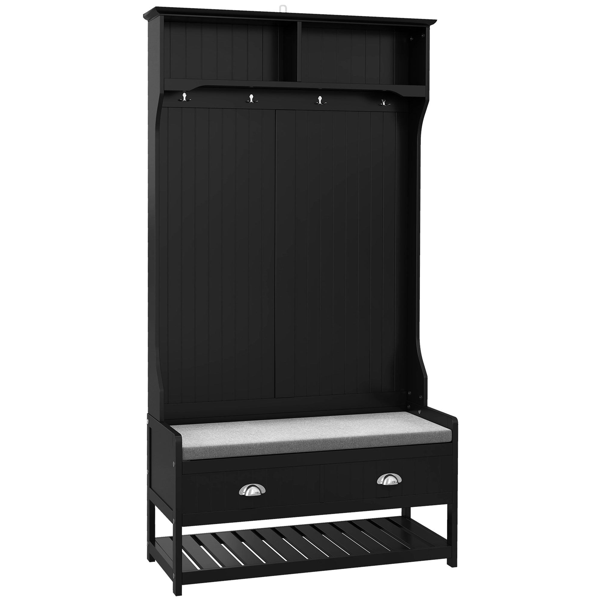 HOMCOM Coat Rack Shoe Bench, Hall Tree with Bench and Shoe Storage, Entryway Bench with 4 Hooks, 2 Drawers, 2 Storage Shelves, Shoe Rack and Padded Seat Cushion, Black