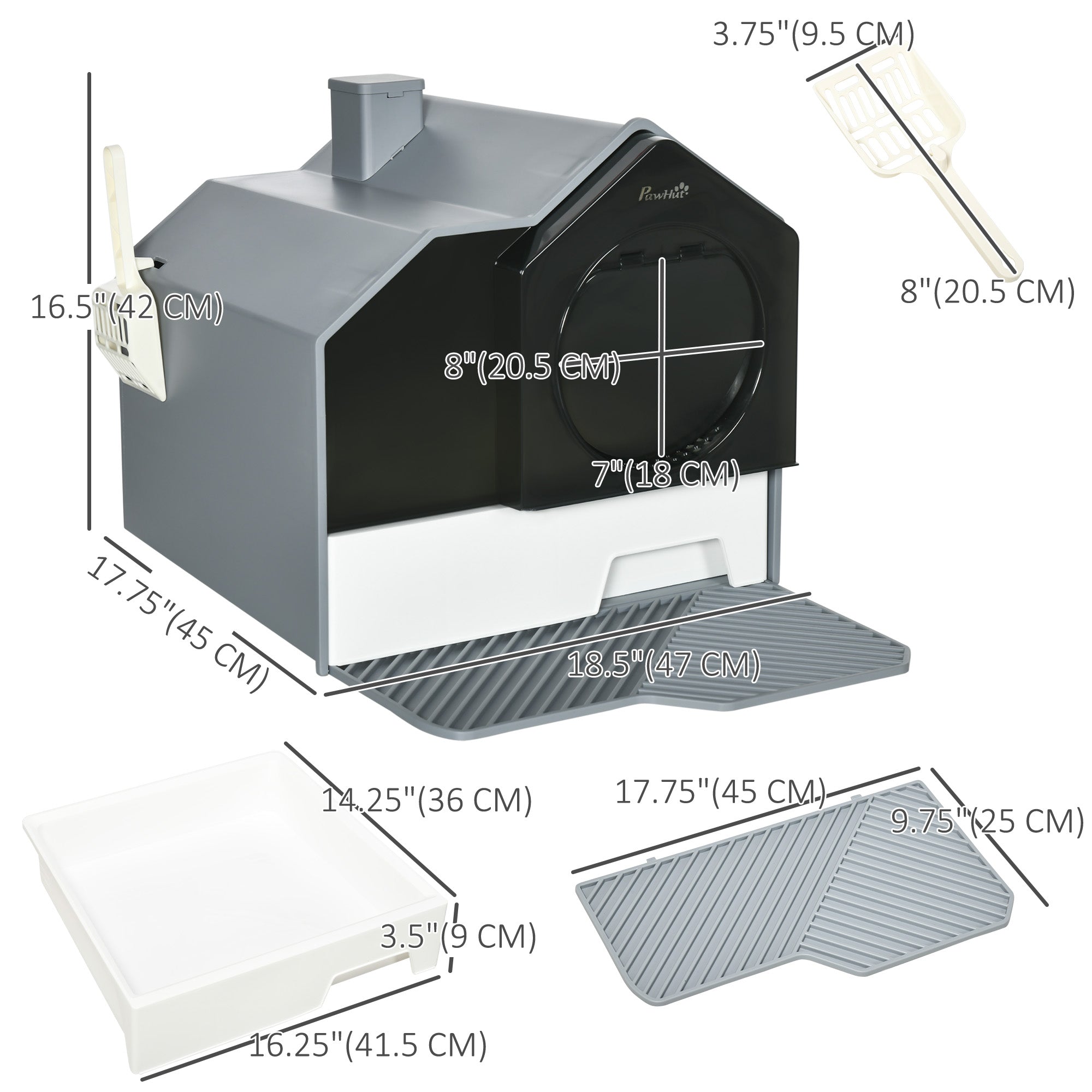 PawHut Hooded Cat Litter Box with Lid, Kitty Litter Pan with Pull-Out Drawer, Handle, Scoop, Deodorizer Packs for Odor Control & Easy-Clean, Grey