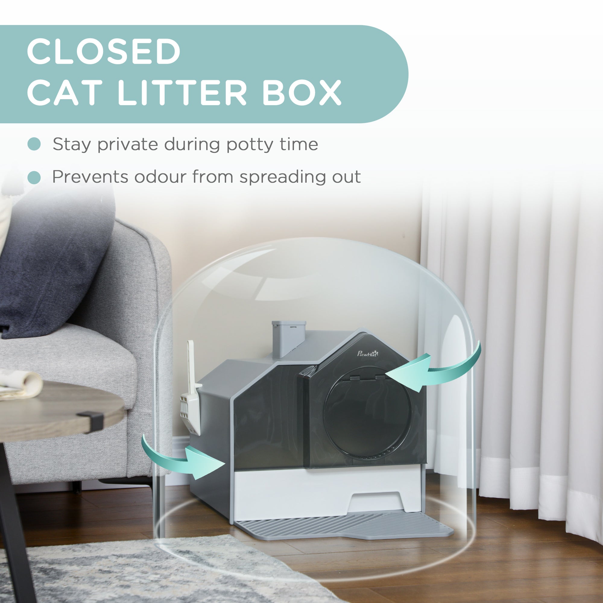 PawHut Hooded Cat Litter Box with Lid, Kitty Litter Pan with Pull-Out Drawer, Handle, Scoop, Deodorizer Packs for Odor Control & Easy-Clean, Grey