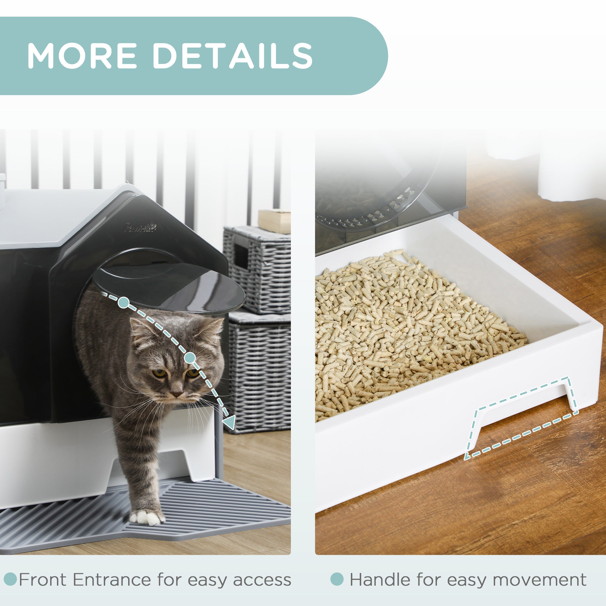PawHut Hooded Cat Litter Box with Lid, Kitty Litter Pan with Pull-Out Drawer, Handle, Scoop, Deodorizer Packs for Odor Control & Easy-Clean, Grey