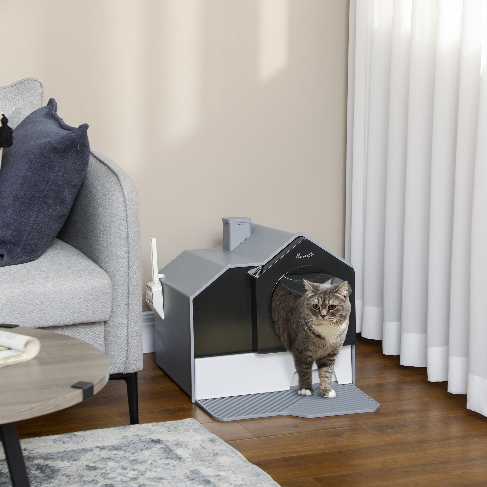 PawHut Hooded Cat Litter Tray with Scoop, Cat Litter Box with Drawer Pan, Handle, Deodorants, Hut Design, Front Entrance, 47 x 45 x 42cm - Grey