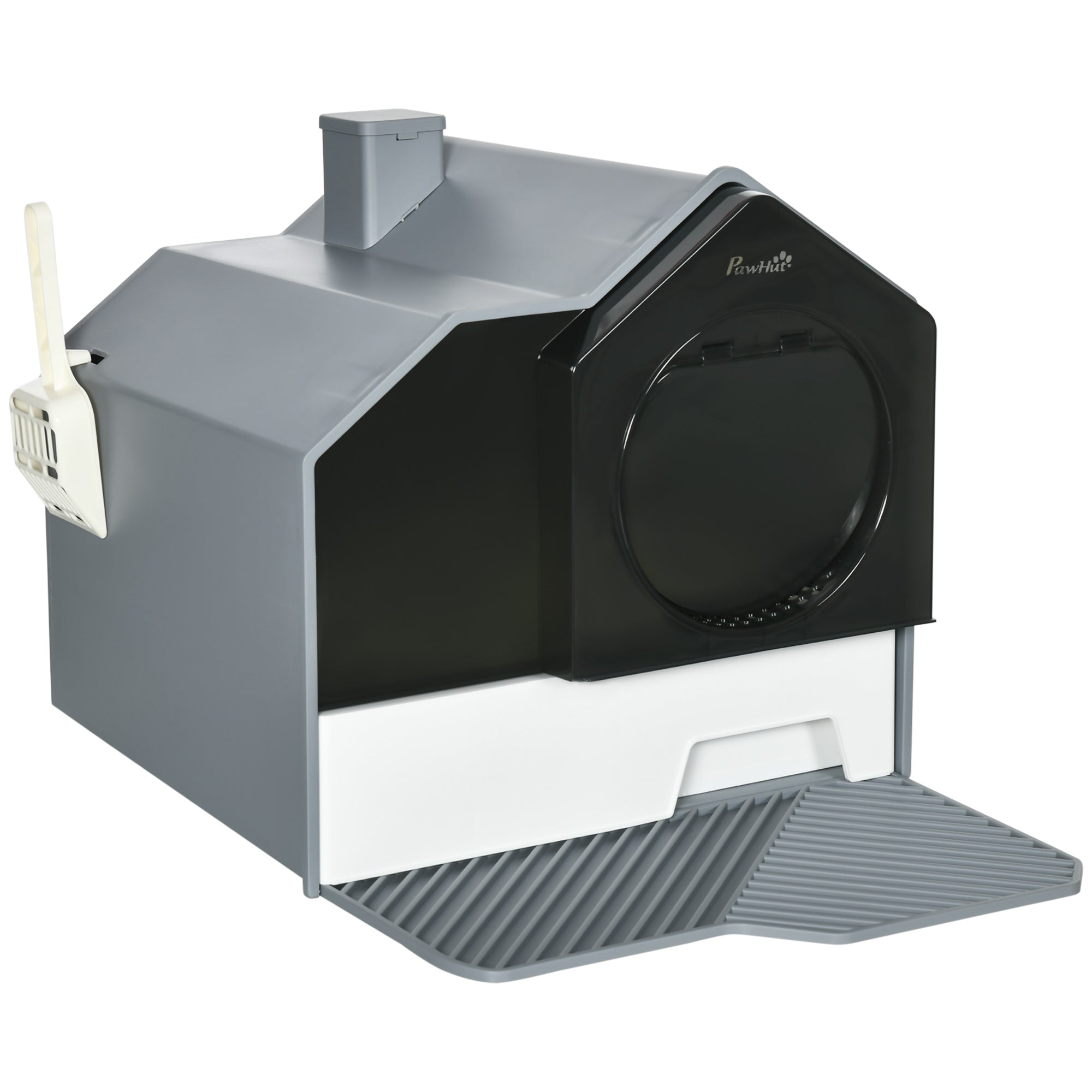 PawHut Hooded Cat Litter Box with Lid, Kitty Litter Pan with Pull-Out Drawer, Handle, Scoop, Deodorizer Packs for Odor Control & Easy-Clean, Grey
