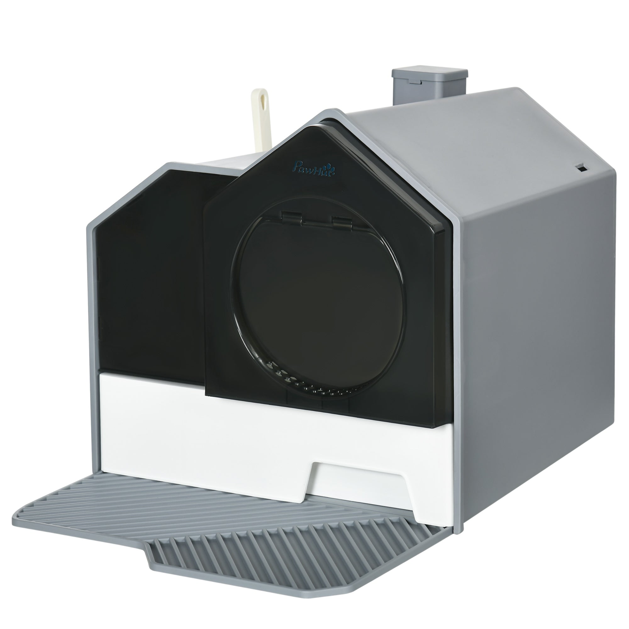 PawHut Hooded Cat Litter Tray with Scoop, Cat Litter Box with Drawer Pan, Handle, Deodorants, Hut Design, Front Entrance, 47 x 45 x 42cm - Grey