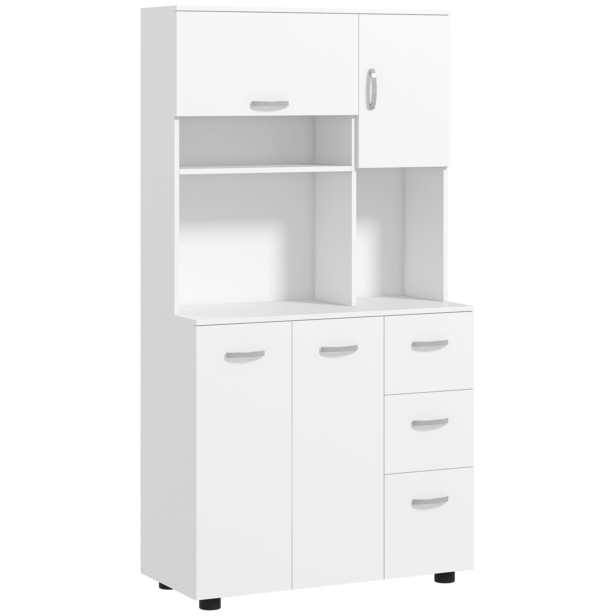 HOMCOM 66" Kitchen Pantry Storage Cabinet, Freestanding Buffet with Hutch, Microwave Stand with 4 Doors, 3 Drawers, White