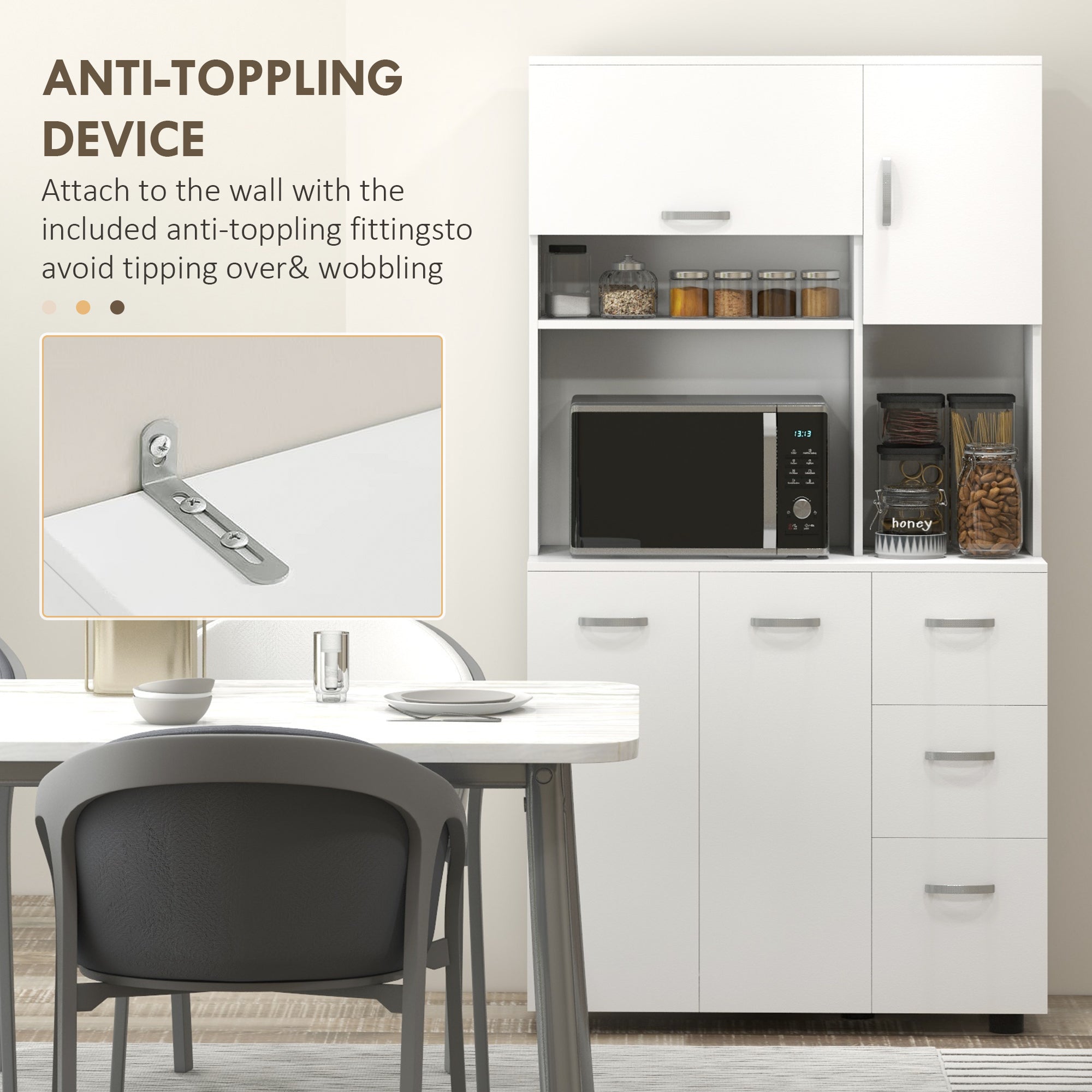 HOMCOM 66" Kitchen Pantry Storage Cabinet, Freestanding Buffet with Hutch, Microwave Stand with 4 Doors, 3 Drawers, White