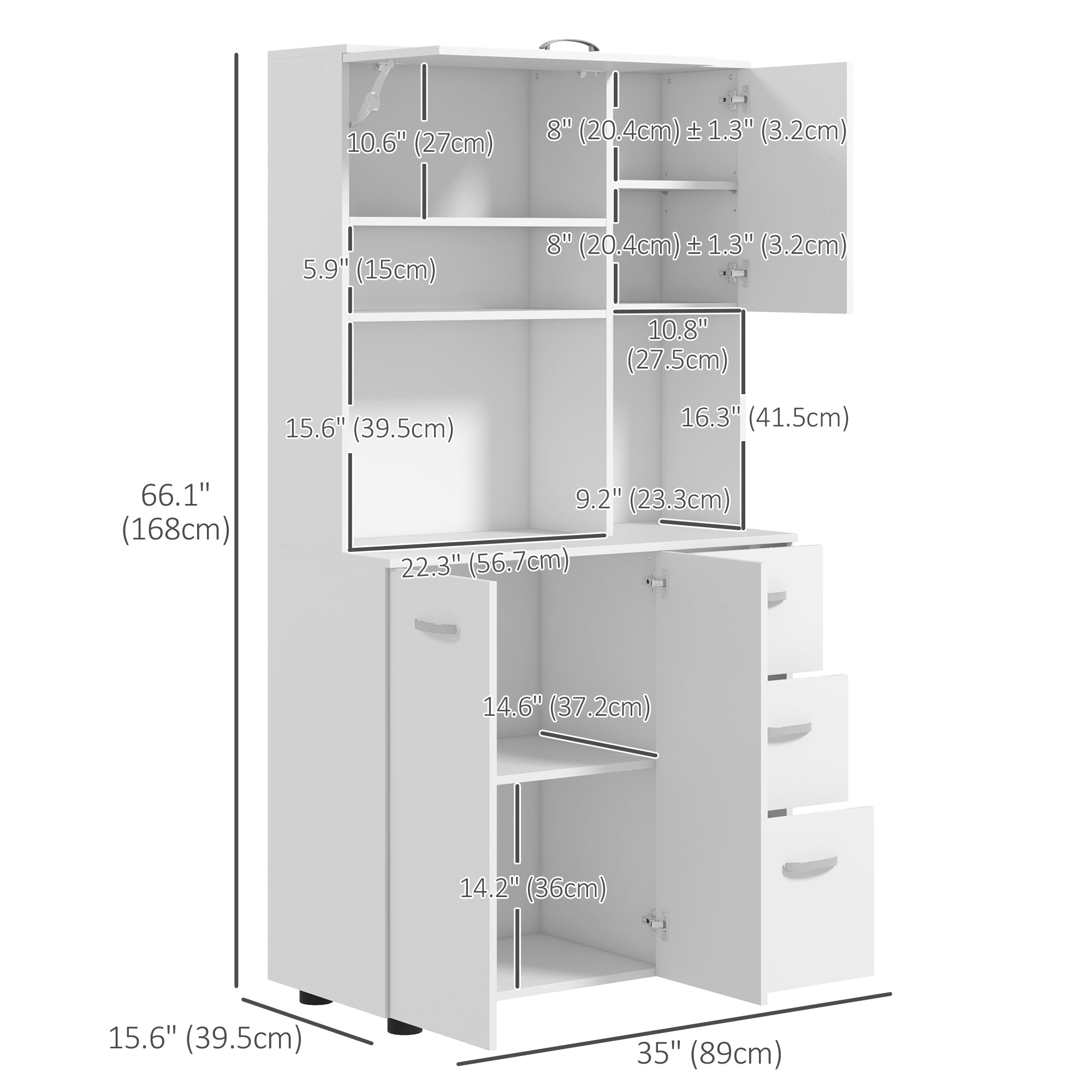 HOMCOM 66" Kitchen Pantry Storage Cabinet, Freestanding Buffet with Hutch, Microwave Stand with 4 Doors, 3 Drawers, White