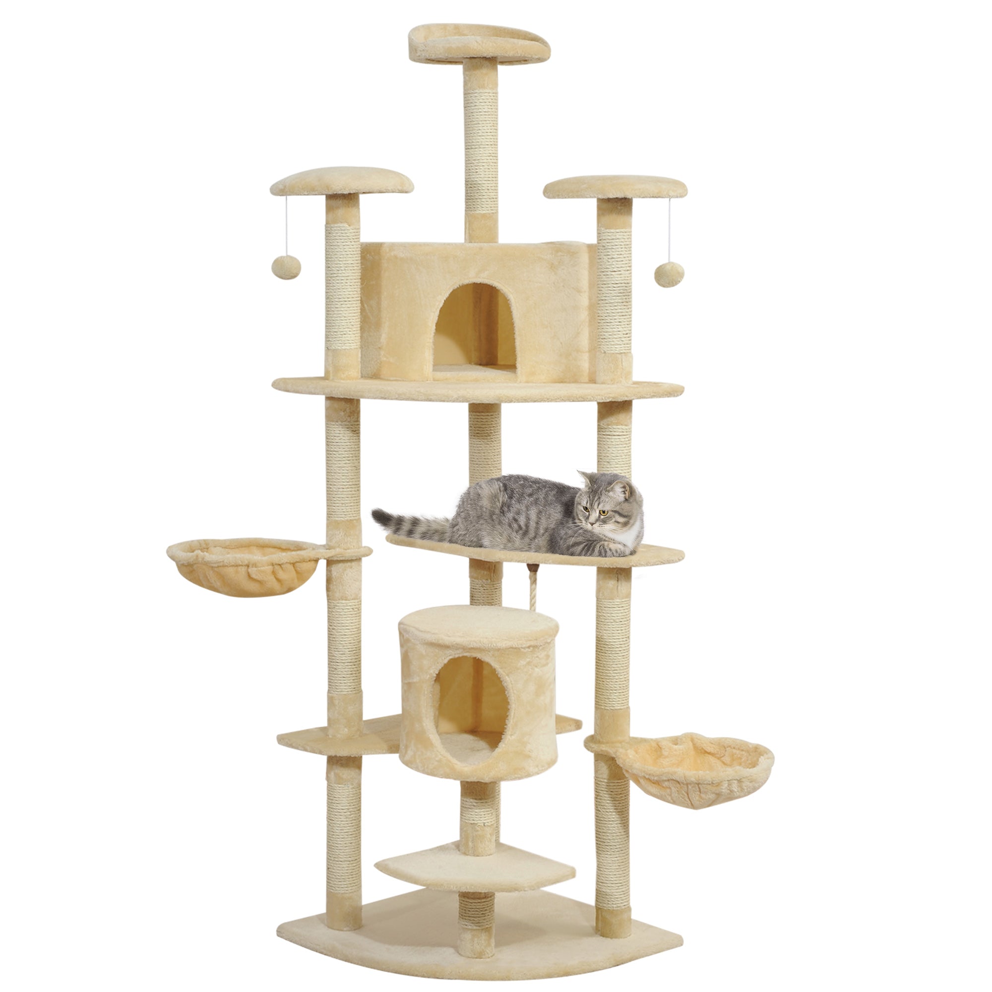 PawHut 79" Cat Tree Tower, Large Cat Condo Furniture, Multi-Level Cat Tower with Scratching Posts, Cozy Hammock, Dangling Balls - Beige