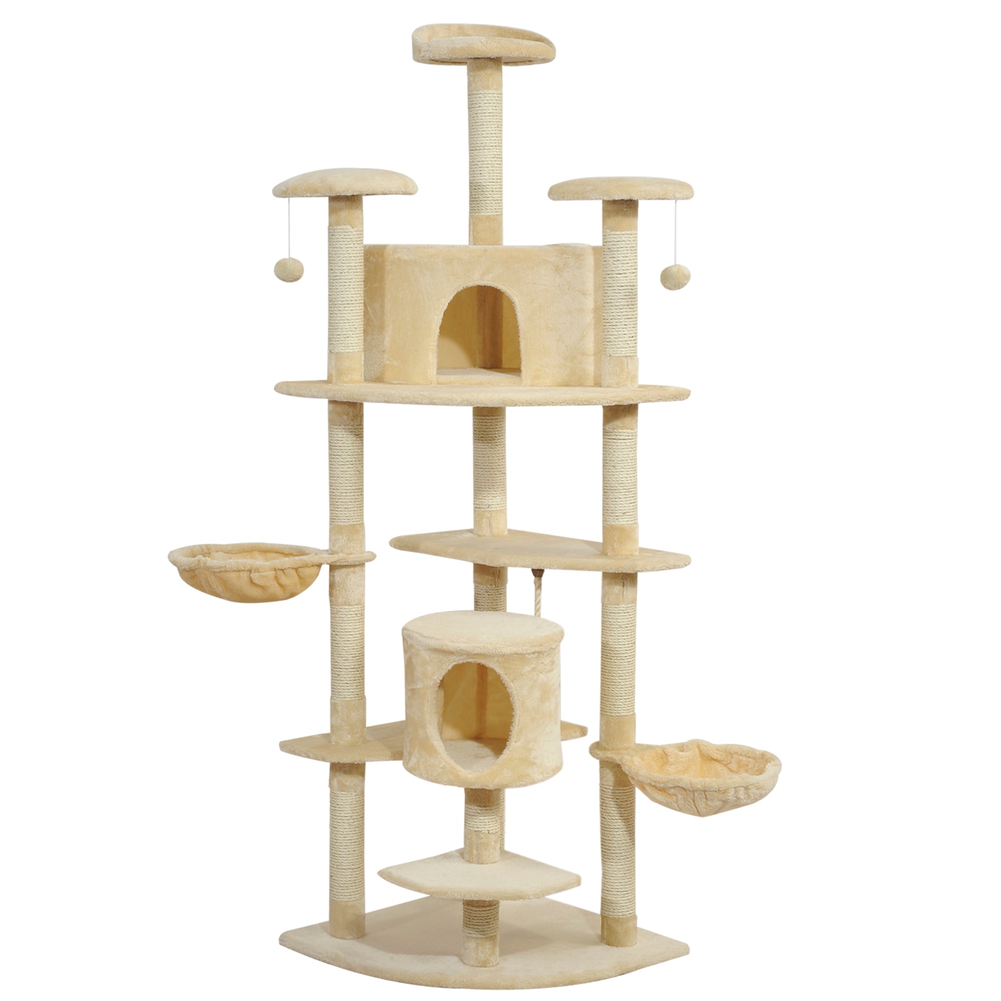 PawHut 79" Cat Tree Tower, Large Cat Condo Furniture, Multi-Level Cat Tower with Scratching Posts, Cozy Hammock, Dangling Balls - Beige