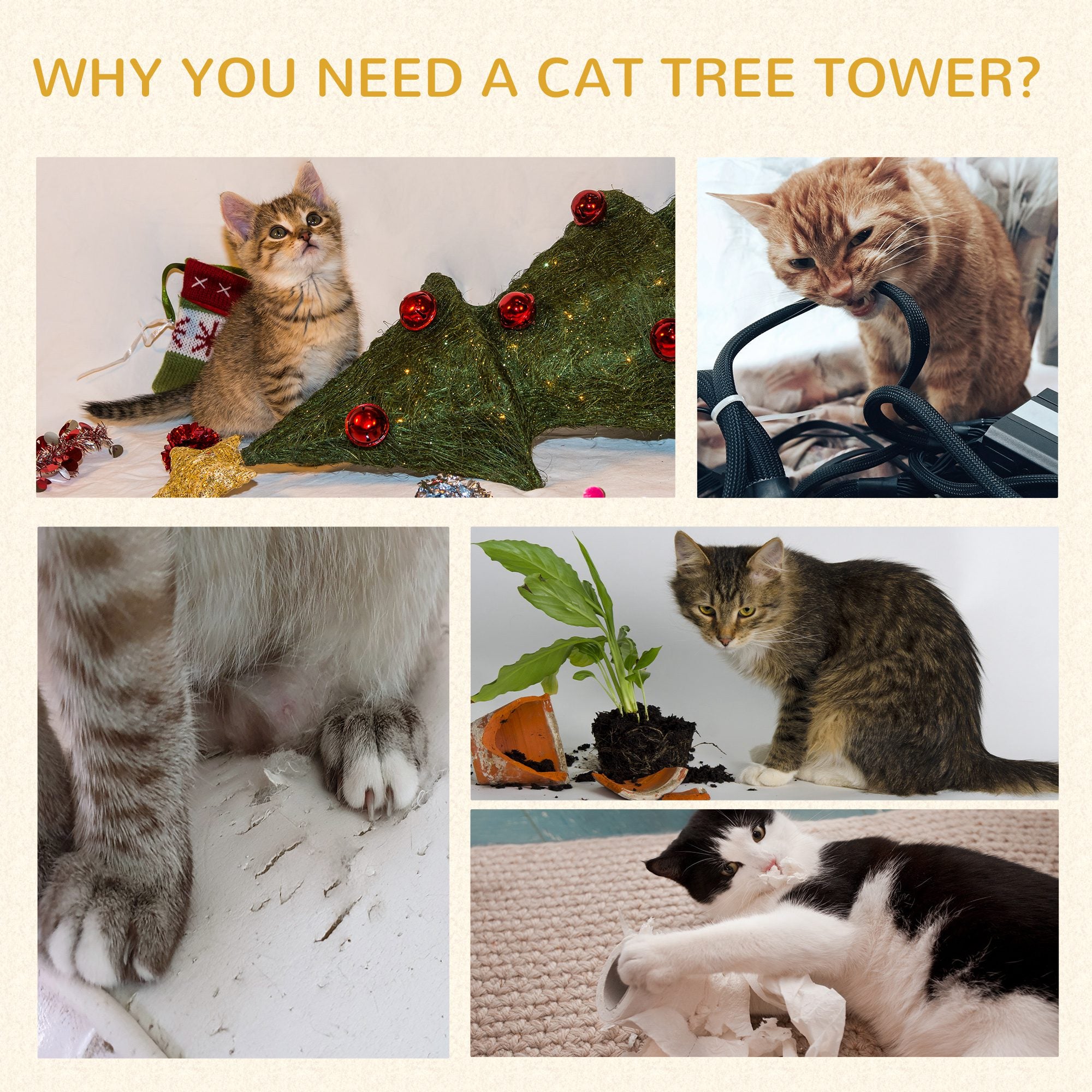 PawHut 79" Cat Tree Tower, Large Cat Condo Furniture, Multi-Level Cat Tower with Scratching Posts, Cozy Hammock, Dangling Balls - Beige