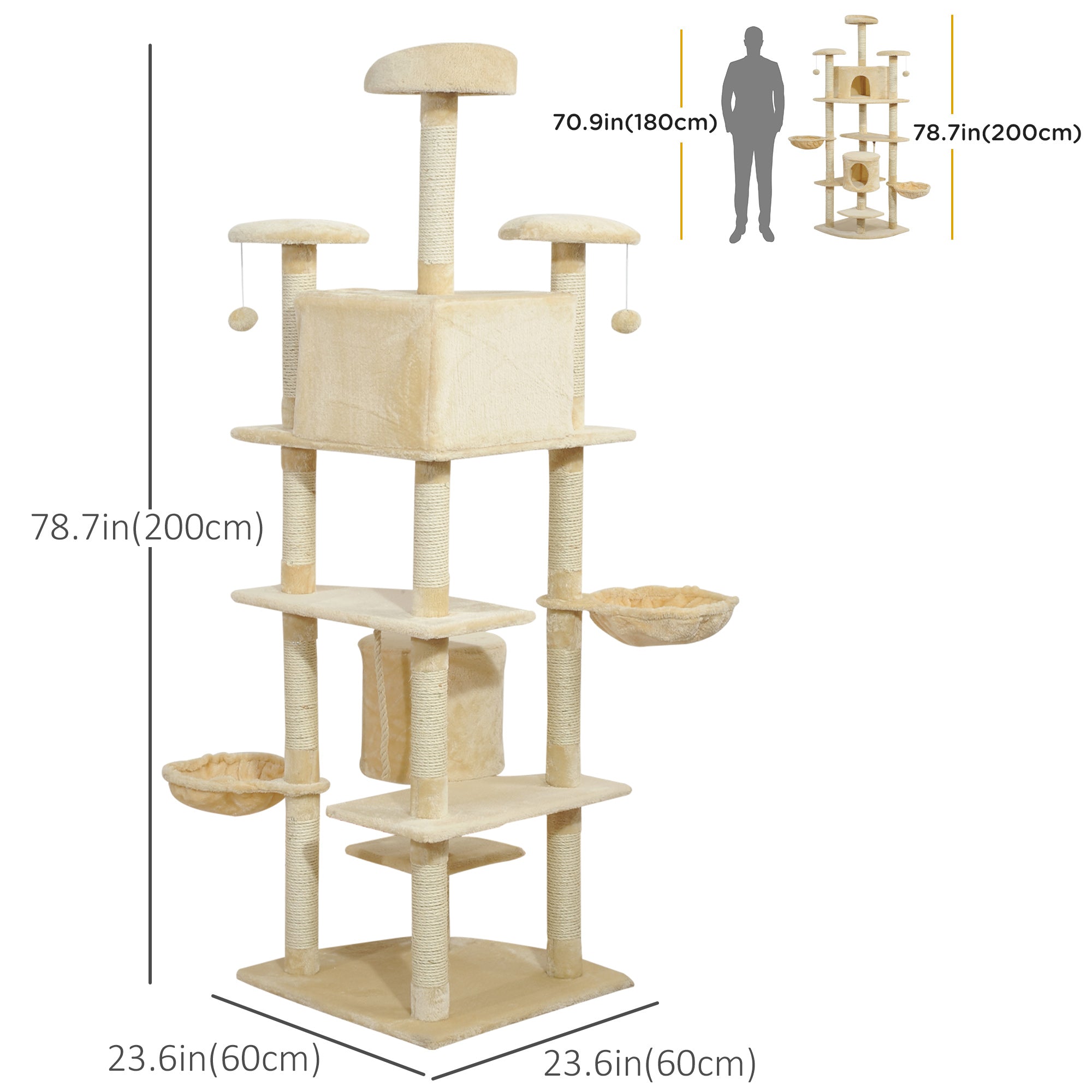 PawHut 79" Cat Tree Tower, Large Cat Condo Furniture, Multi-Level Cat Tower with Scratching Posts, Cozy Hammock, Dangling Balls - Beige