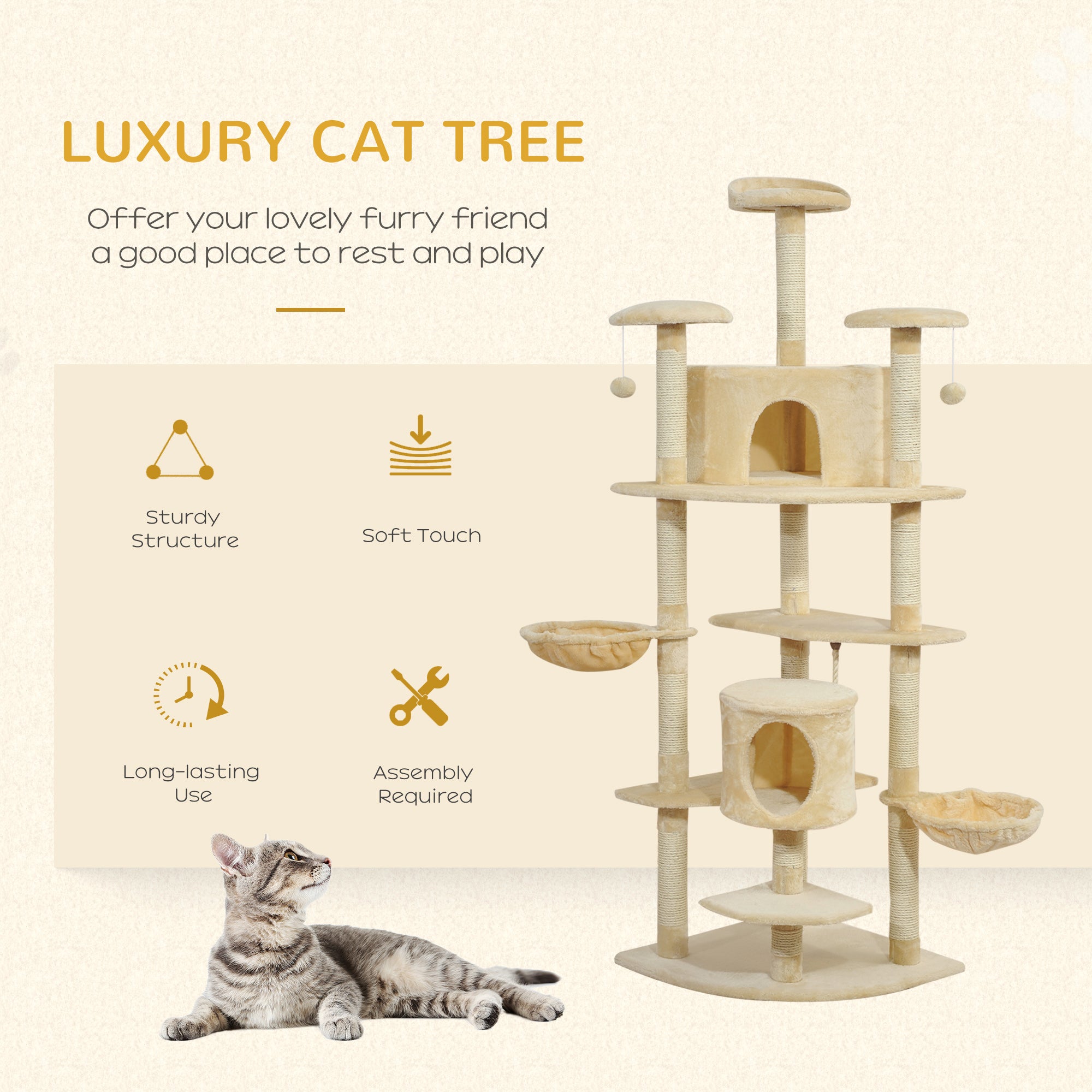 PawHut 79" Cat Tree Tower, Large Cat Condo Furniture, Multi-Level Cat Tower with Scratching Posts, Cozy Hammock, Dangling Balls - Beige