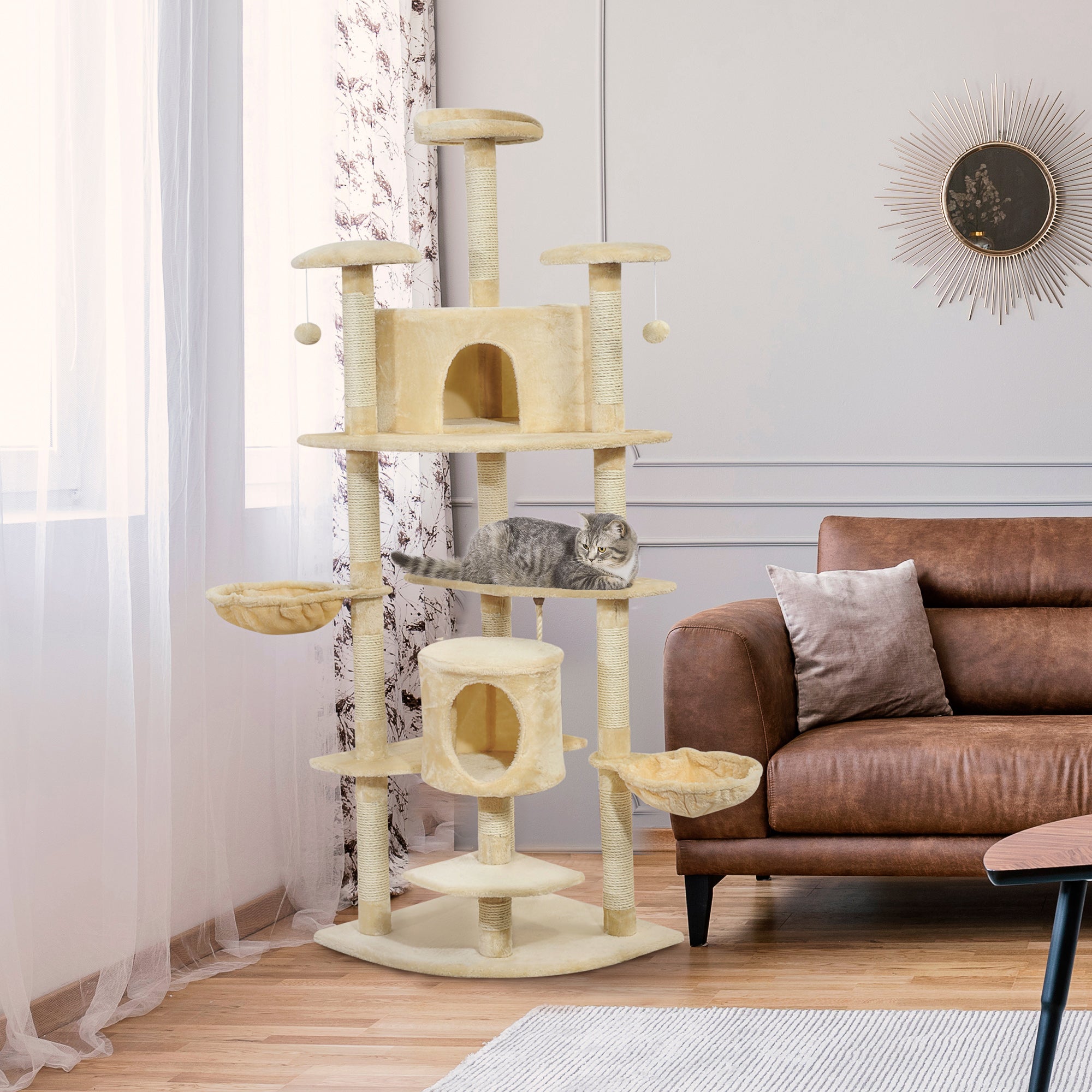 PawHut 79" Cat Tree Tower, Large Cat Condo Furniture, Multi-Level Cat Tower with Scratching Posts, Cozy Hammock, Dangling Balls - Beige