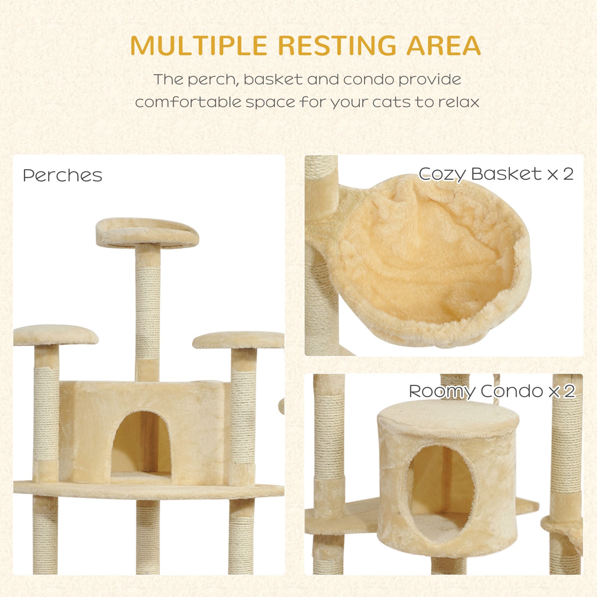 PawHut 79" Cat Tree Tower, Large Cat Condo Furniture, Multi-Level Cat Tower with Scratching Posts, Cozy Hammock, Dangling Balls - Beige