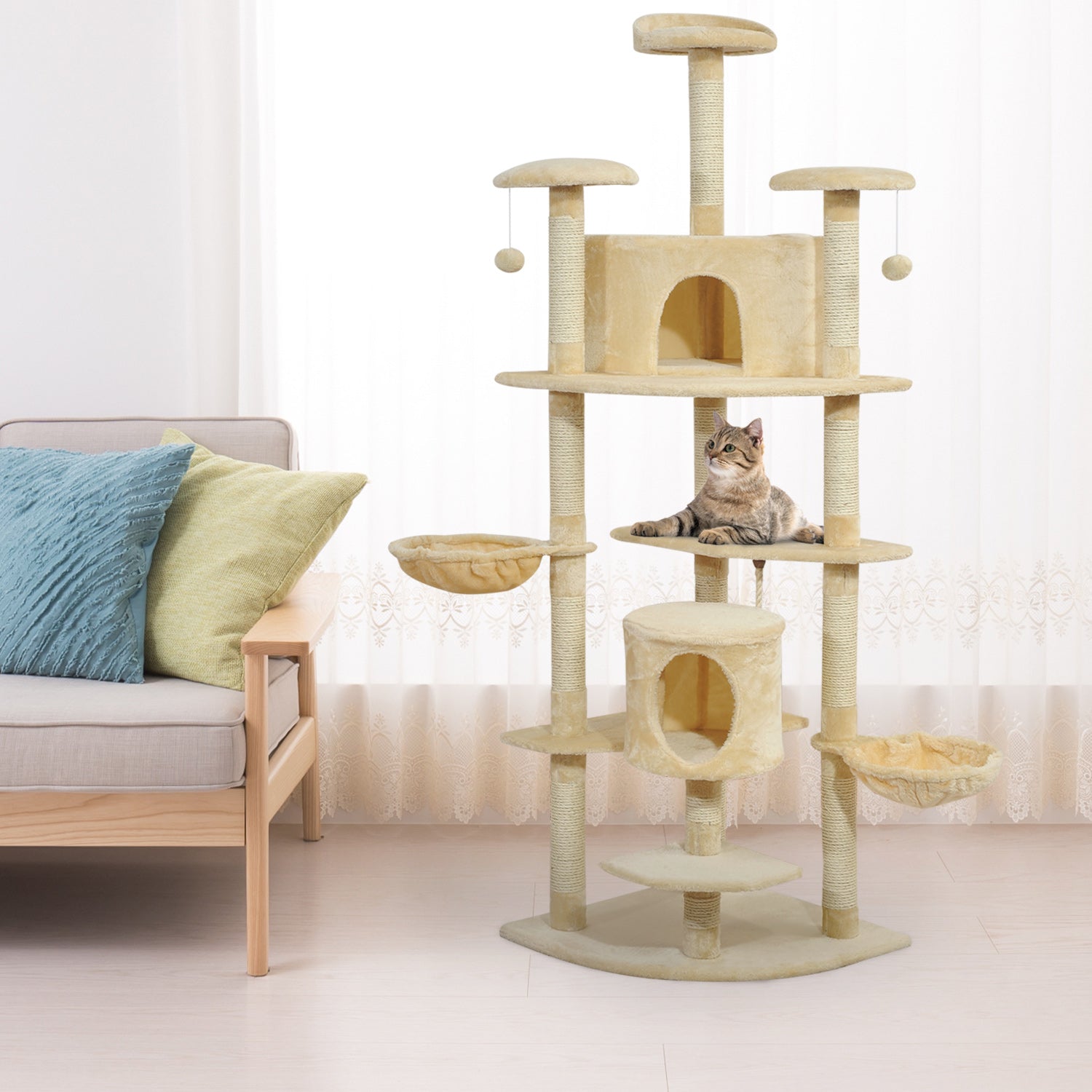 PawHut 79" Cat Tree Tower, Large Cat Condo Furniture, Multi-Level Cat Tower with Scratching Posts, Cozy Hammock, Dangling Balls - Beige