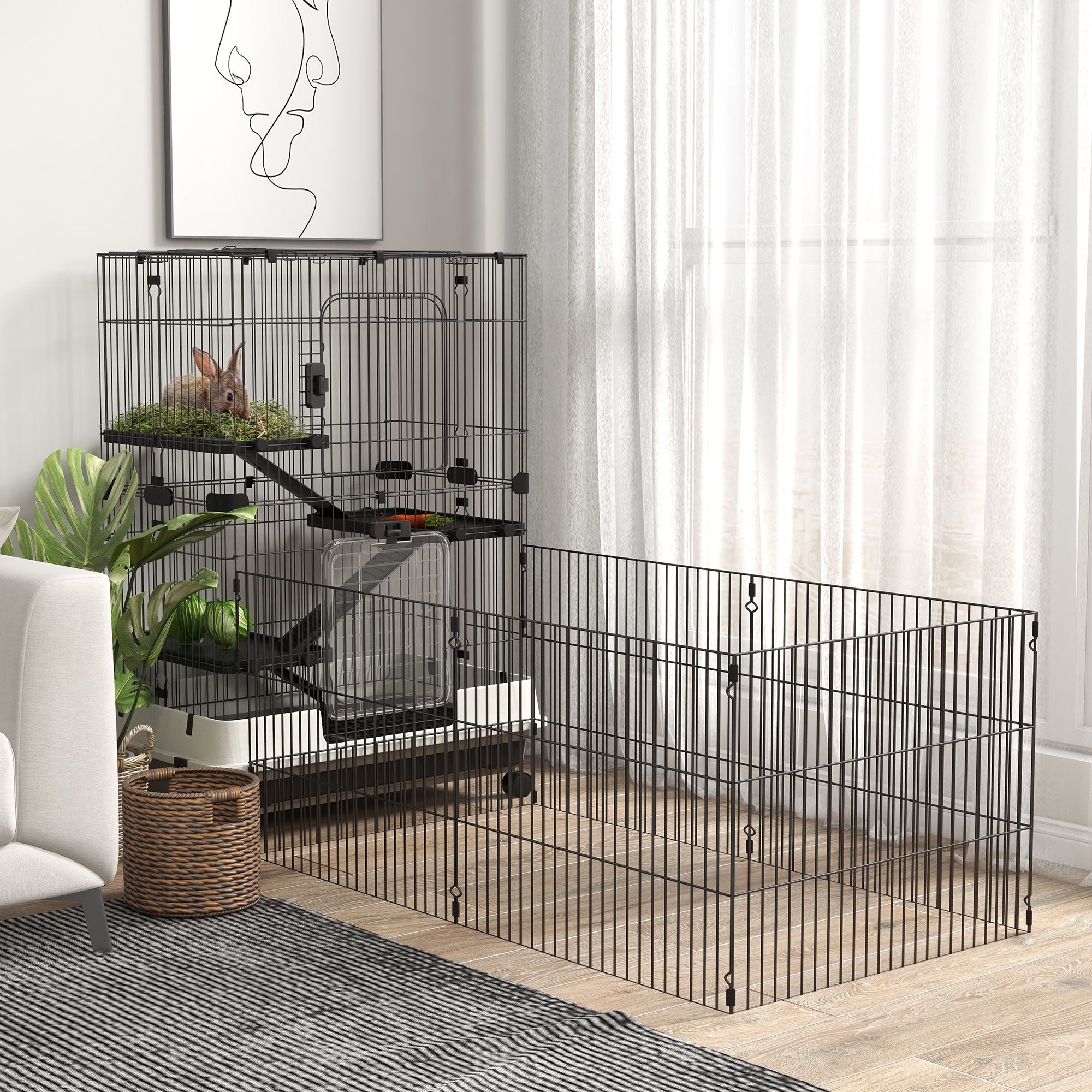 PawHut 4-Level Small Animal Cage Rabbit Hutch with Wheels, Removable Tray, Platform, Playpen and Ramp for Bunny, Chinchillas, Ferret, Black