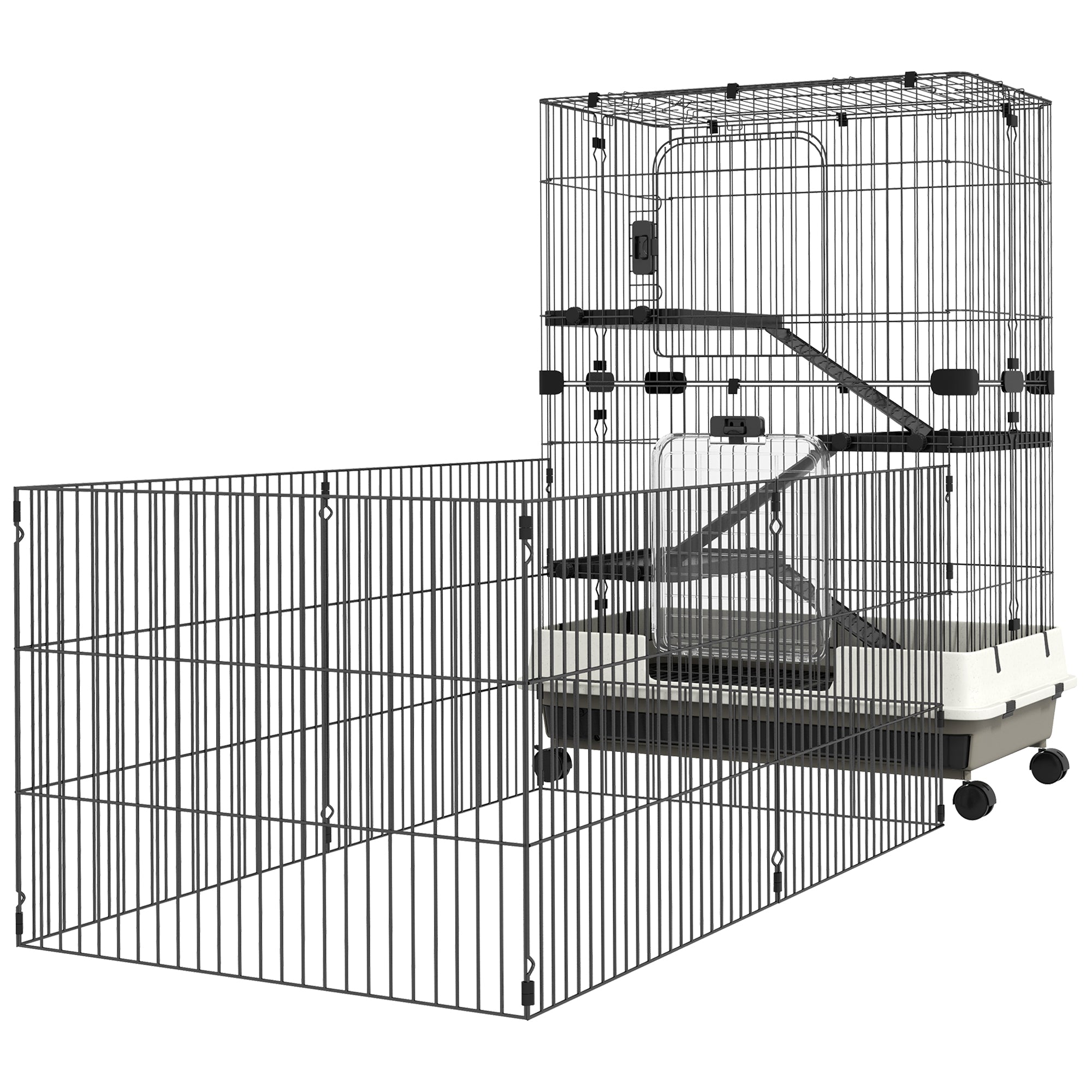 PawHut 4-Level Small Animal Cage Rabbit Hutch with Wheels, Removable Tray, Platform, Playpen and Ramp for Bunny, Chinchillas, Ferret, Black