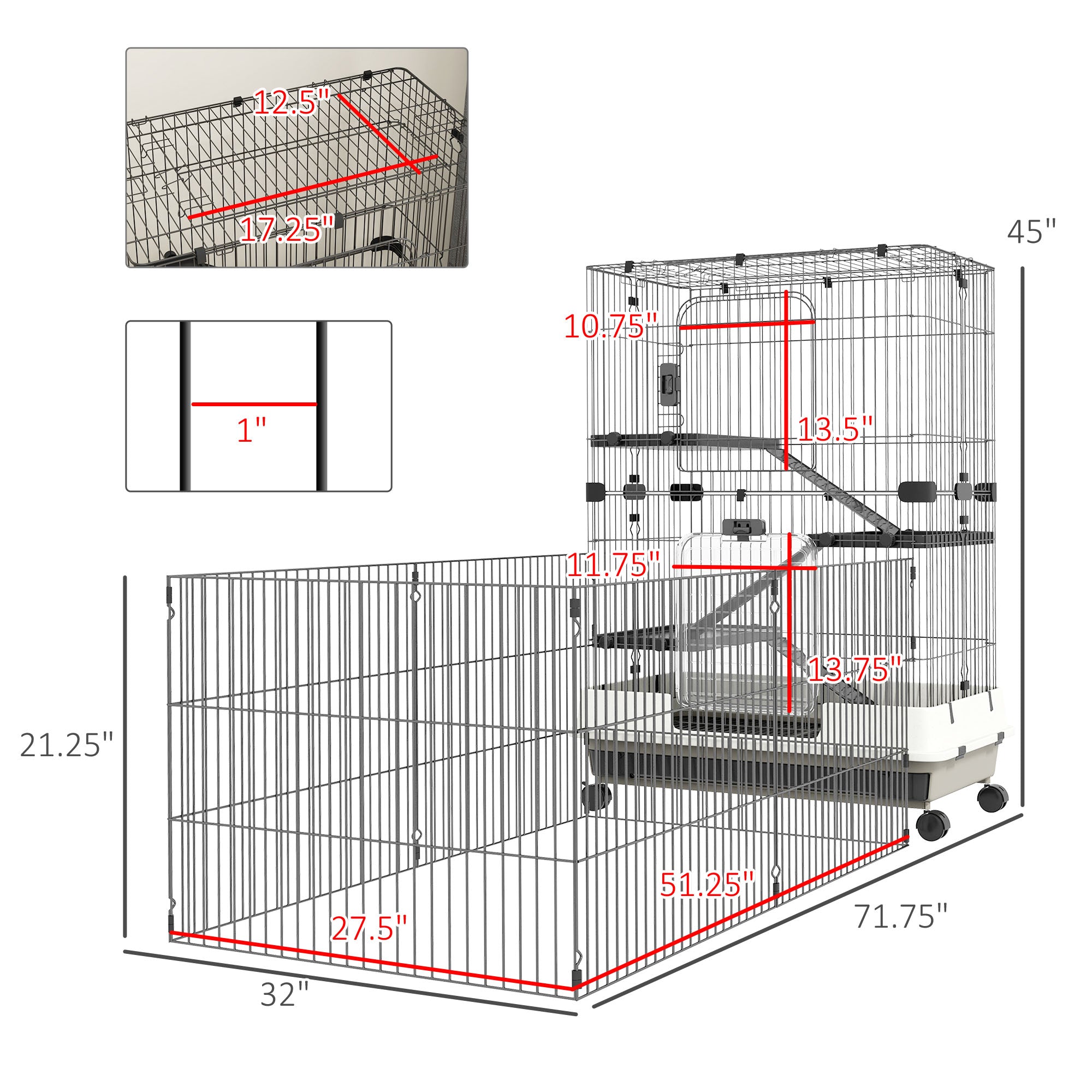 PawHut 4-Level Small Animal Cage Rabbit Hutch with Wheels, Removable Tray, Platform, Playpen and Ramp for Bunny, Chinchillas, Ferret, Black