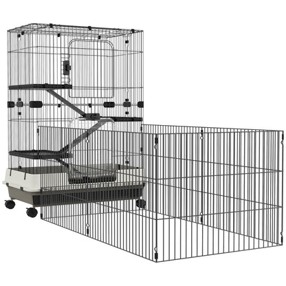 PawHut 4-Level Small Animal Cage Rabbit Hutch with Wheels, Removable Tray, Platform, Playpen and Ramp for Bunny, Chinchillas, Ferret, Black