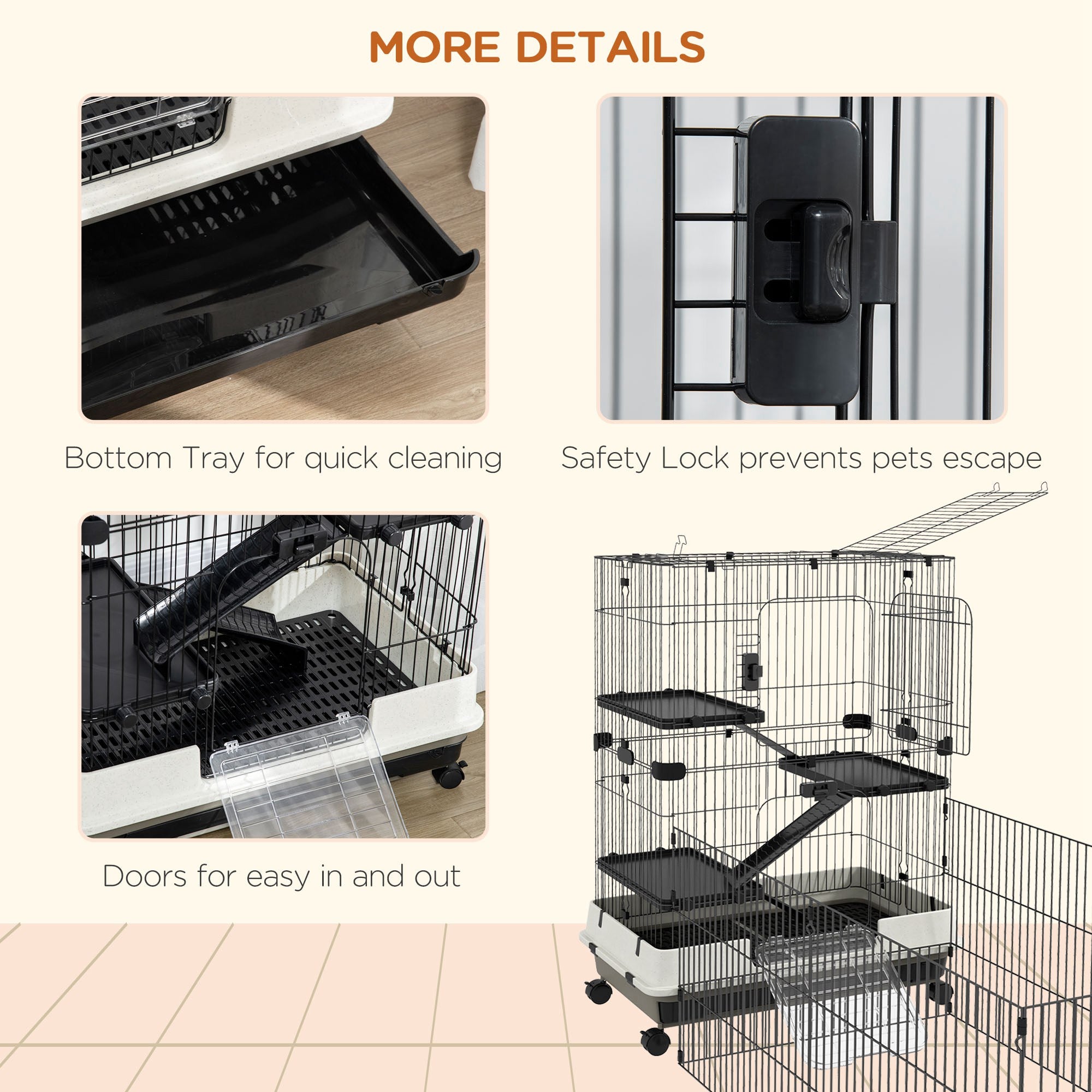 PawHut 4-Level Small Animal Cage Rabbit Hutch with Wheels, Removable Tray, Platform, Playpen and Ramp for Bunny, Chinchillas, Ferret, Black