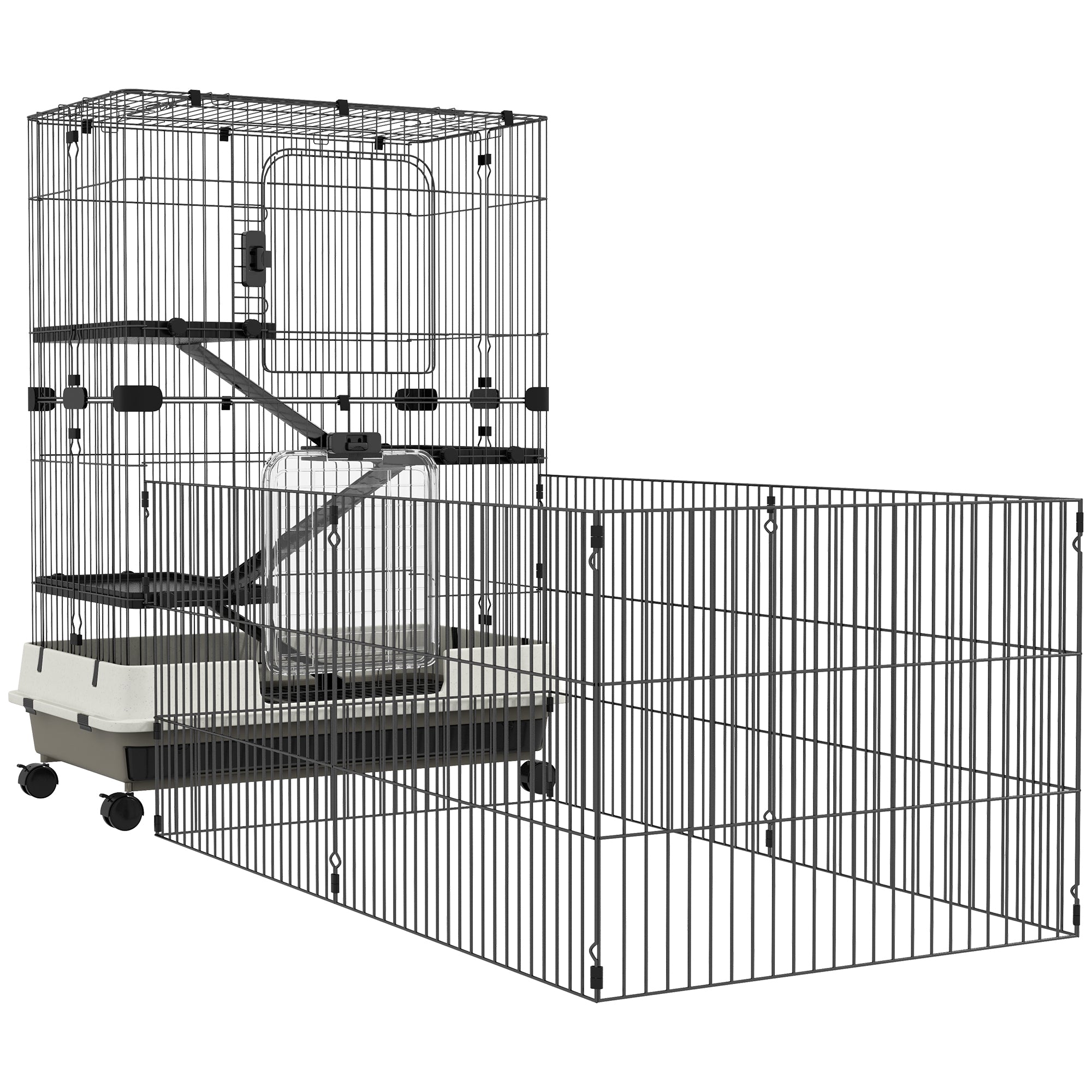 PawHut 4-Level Small Animal Cage Rabbit Hutch with Wheels, Removable Tray, Platform, Playpen and Ramp for Bunny, Chinchillas, Ferret, Black