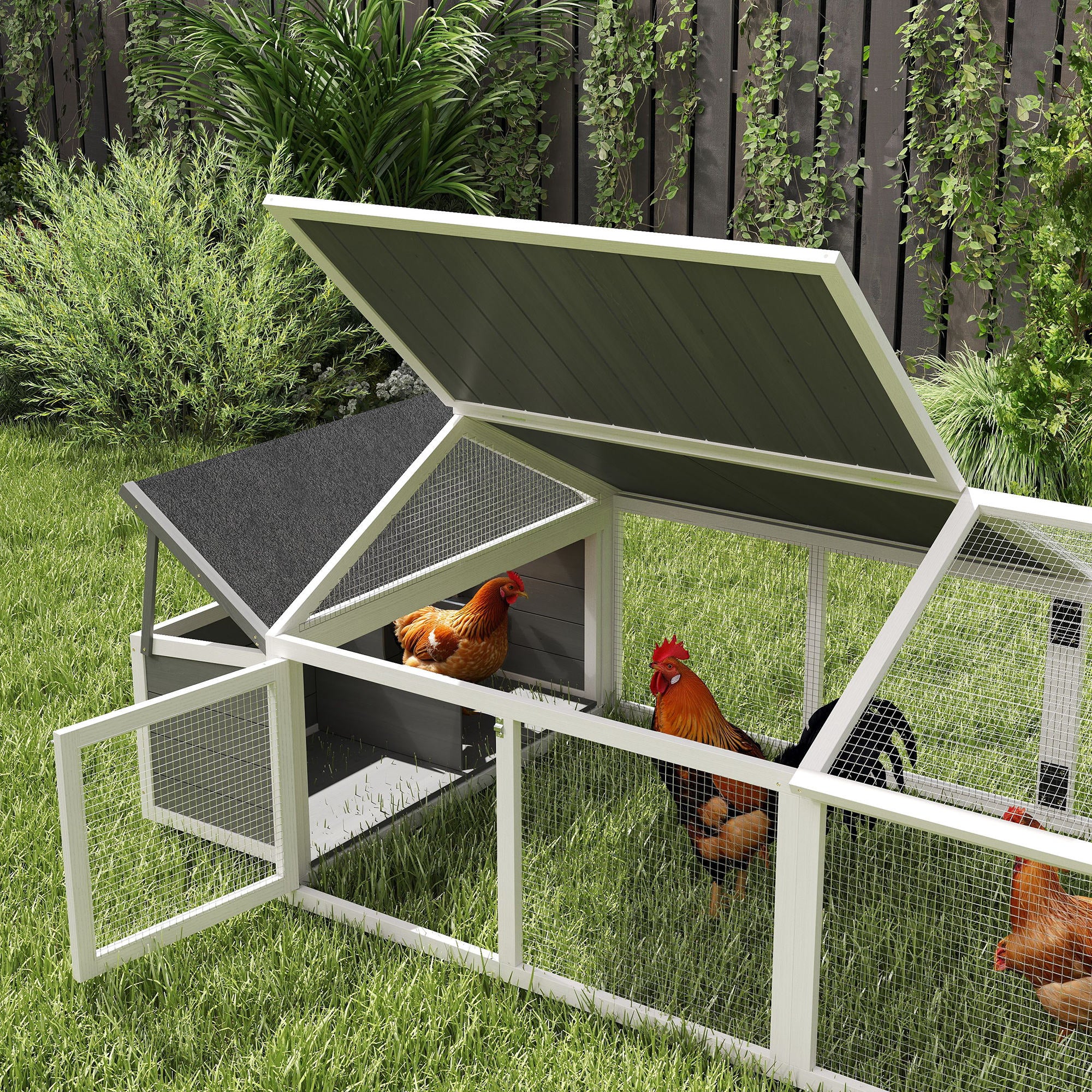 PawHut Chicken Run, Wooden Chicken Coop with Nesting Box, Openable Roof for 4-8 Chickens, Rabbits, Ducks, for Garden - White