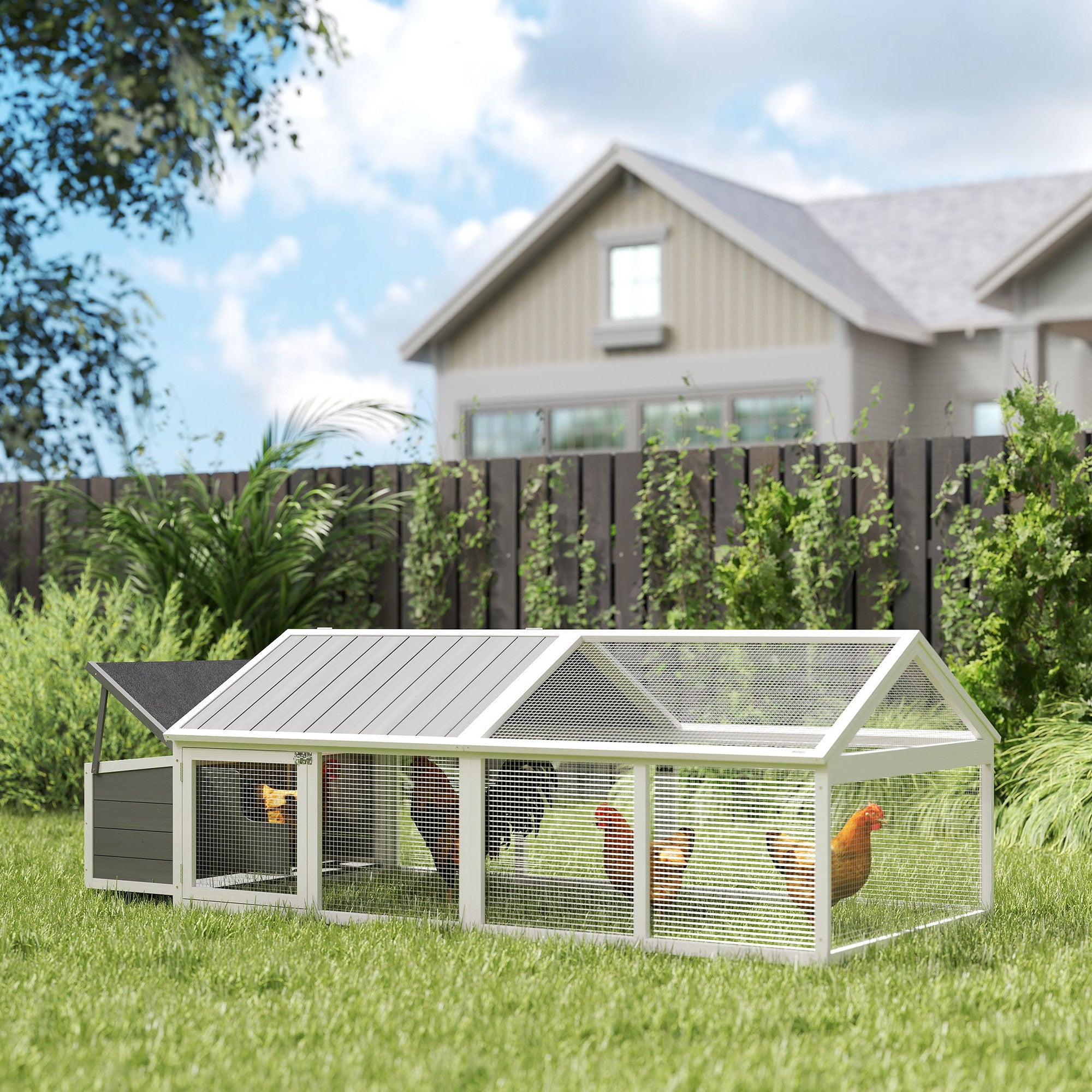 PawHut Chicken Run, Wooden Chicken Coop with Nesting Box, Openable Roof for 4-8 Chickens, Rabbits, Ducks, for Garden - White