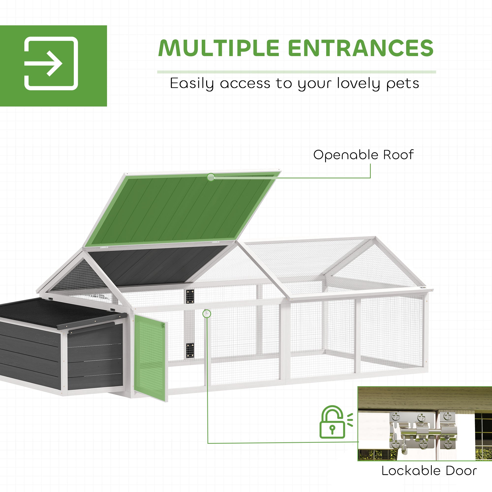 PawHut Chicken Run, Wooden Chicken Coop with Nesting Box, Openable Roof for 4-8 Chickens, Rabbits, Ducks, for Garden - White