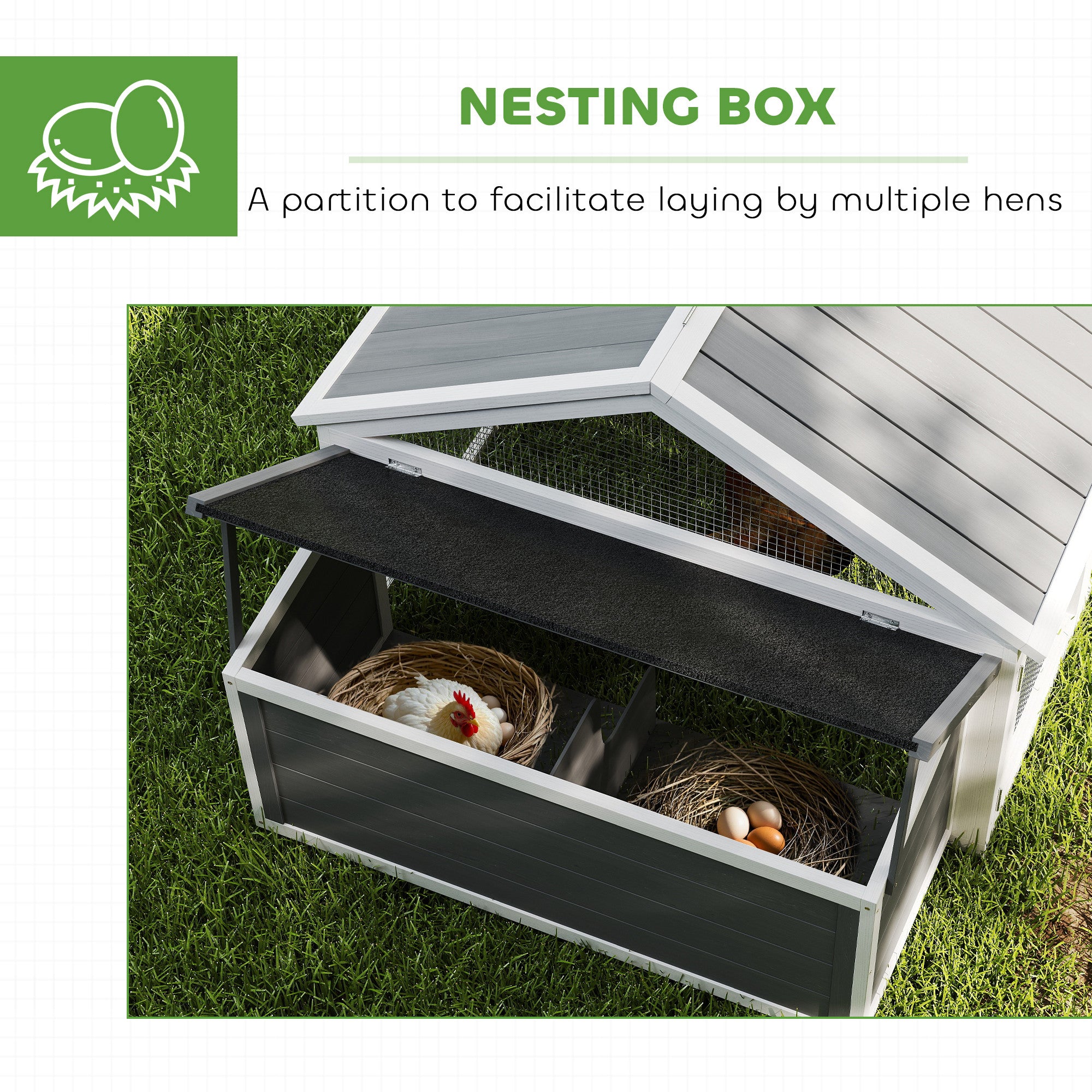 PawHut Chicken Run, Wooden Chicken Coop with Nesting Box, Openable Roof for 4-8 Chickens, Rabbits, Ducks, for Garden - White