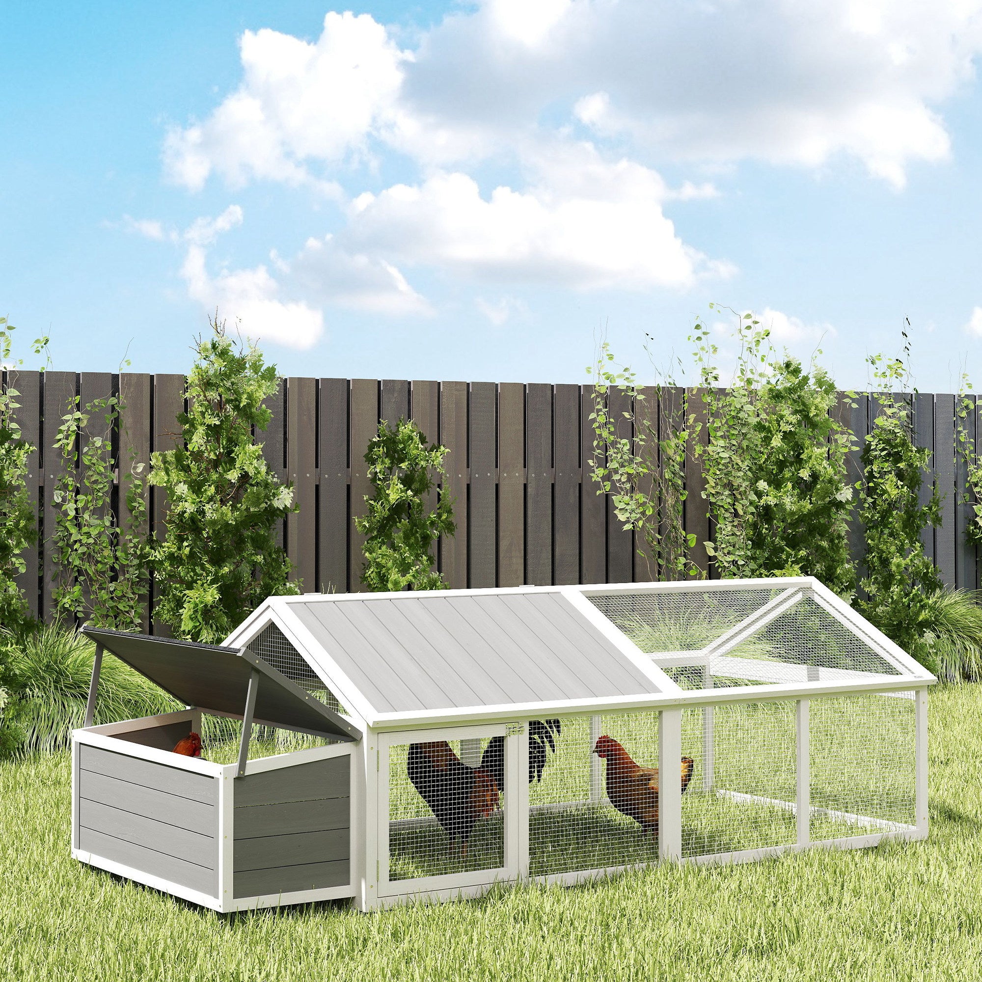 PawHut Chicken Run, Wooden Chicken Coop with Nesting Box, Openable Roof for 4-8 Chickens, Rabbits, Ducks, for Garden - White