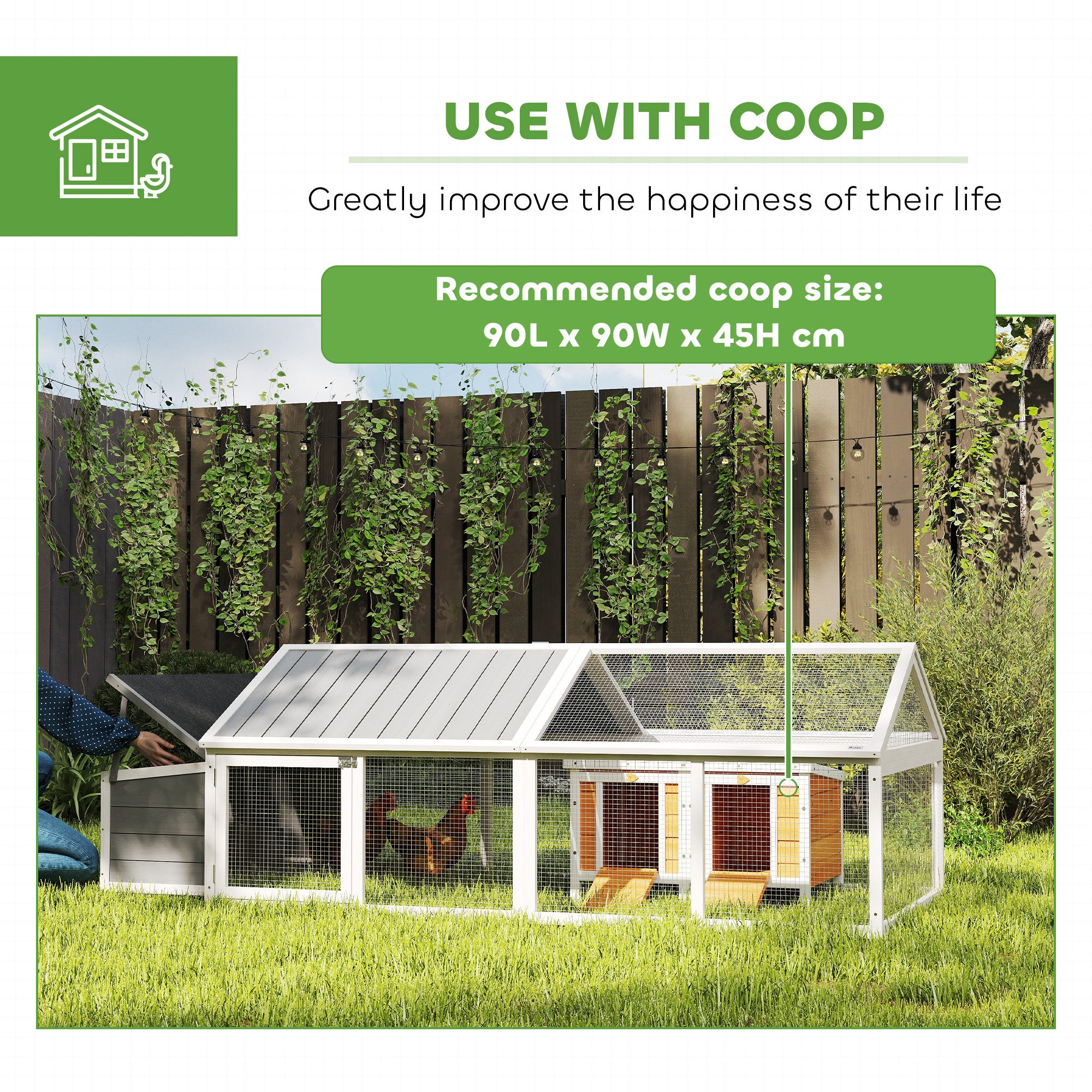 PawHut Chicken Run, Wooden Chicken Coop with Nesting Box, Openable Roof for 4-8 Chickens, Rabbits, Ducks, for Garden - White
