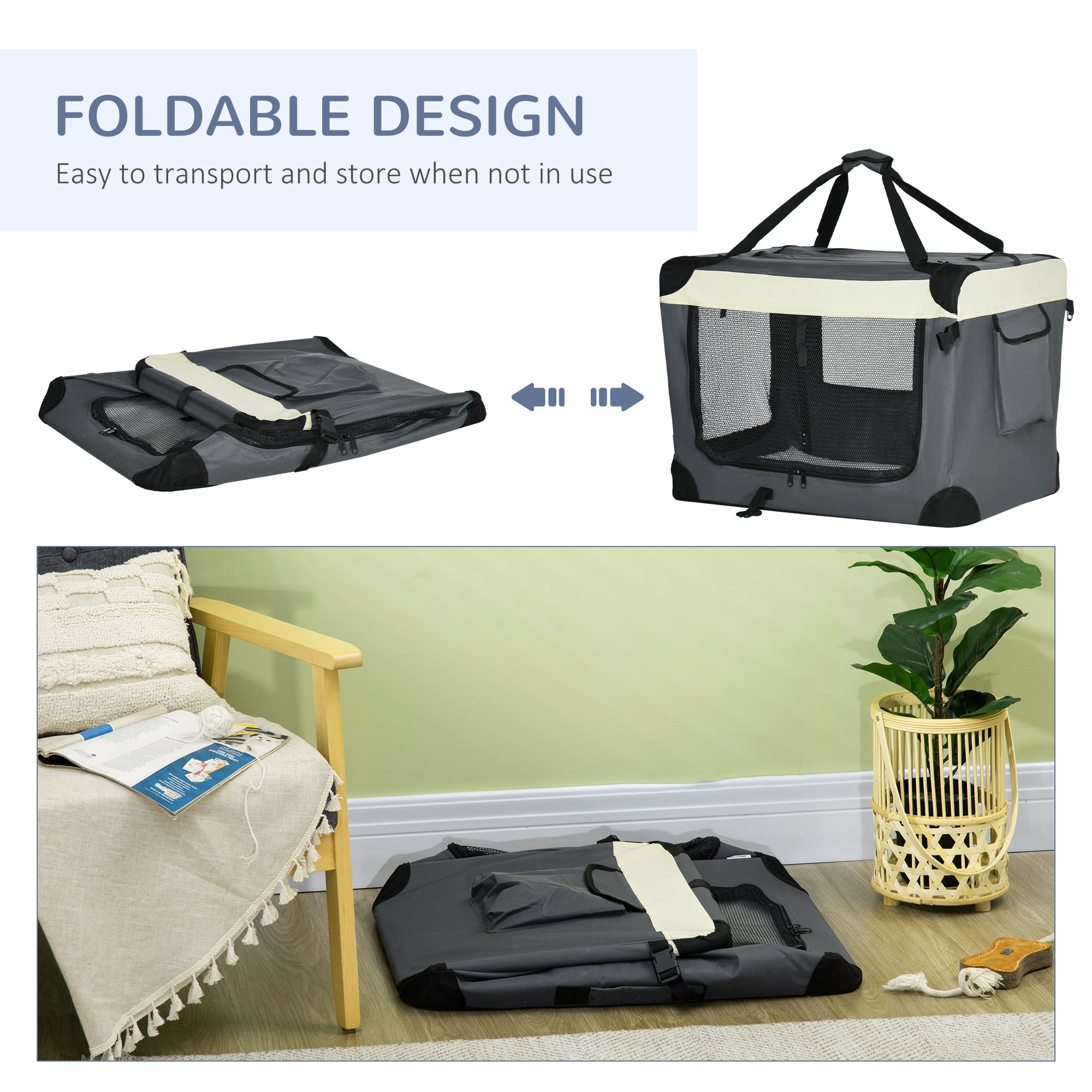 PawHut 60cm Foldable Pet Carrier for Small Dogs, Portable Cat Carrier Soft Side Pet Travel Crate with Removable Mat, Breathable Mesh - Grey