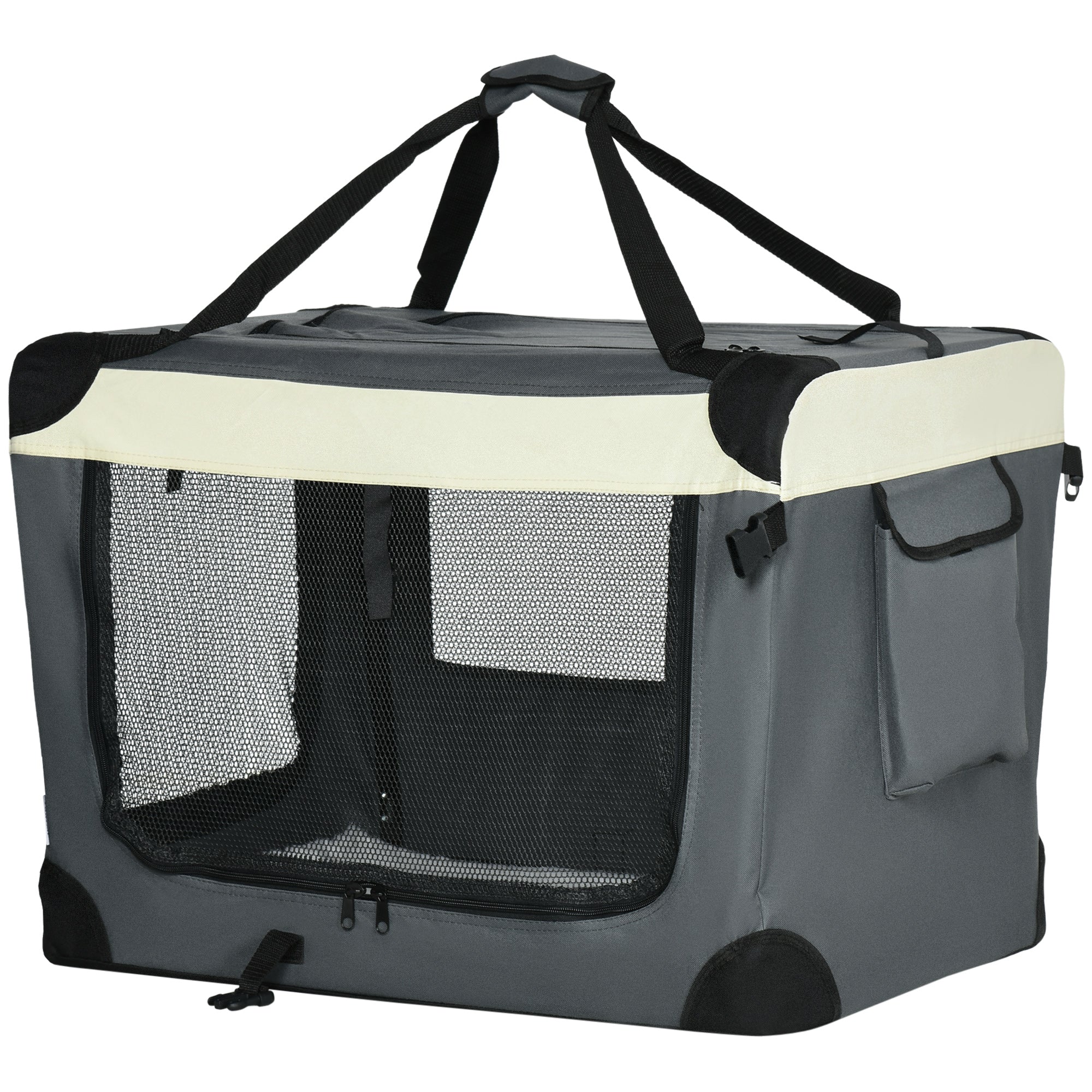 PawHut 60cm Foldable Pet Carrier for Small Dogs, Portable Cat Carrier Soft Side Pet Travel Crate with Removable Mat, Breathable Mesh - Grey