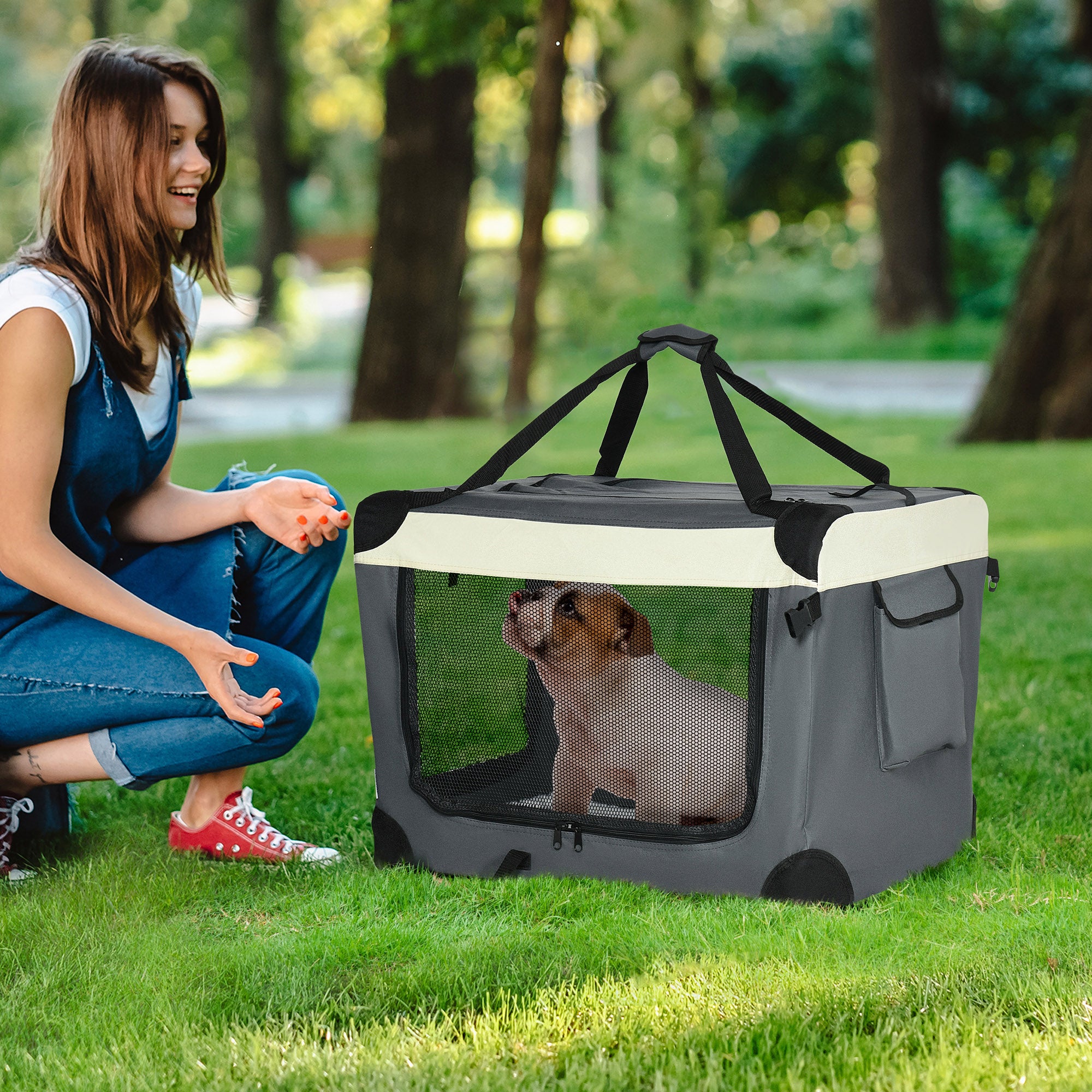 PawHut 60cm Foldable Pet Carrier for Small Dogs, Portable Cat Carrier Soft Side Pet Travel Crate with Removable Mat, Breathable Mesh - Grey