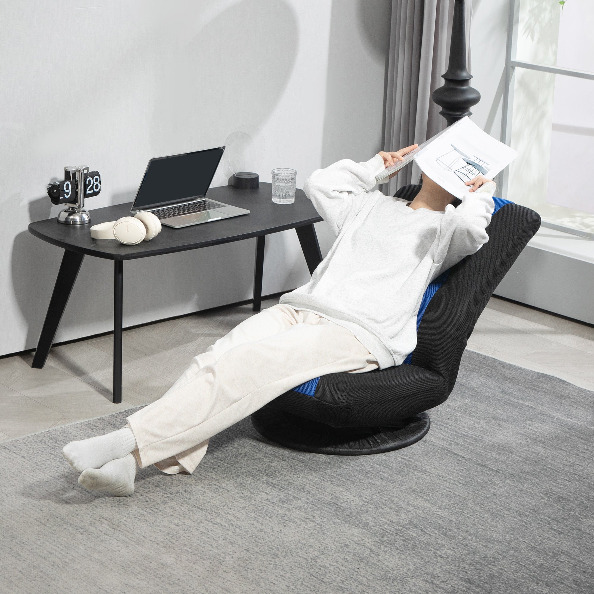 HOMCOM Folding Floor Chair for Adults Teens, 360 Degree Swivel Gaming Chair, 6 Positions Adjustable Lazy Sofa Chair with Padded Backrest for Reading, Gaming, Meditation, Blue