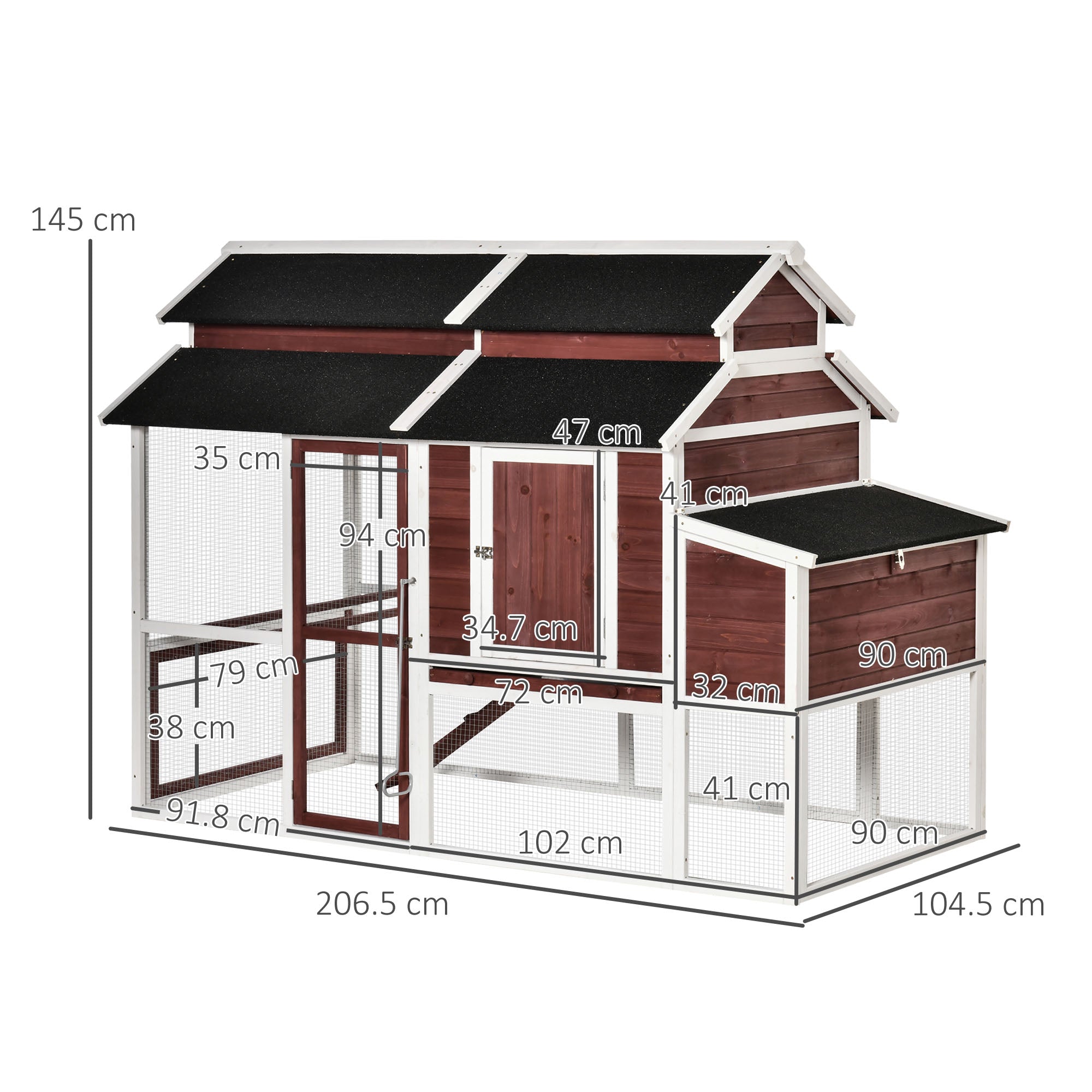 PawHut Large Chicken Coop with Run Poultry Coops Cages Hen House Wooden Chicken Run, Nesting Box, Removable Tray, Waterproof Asphalt Roof 207 x 105 x 145cm