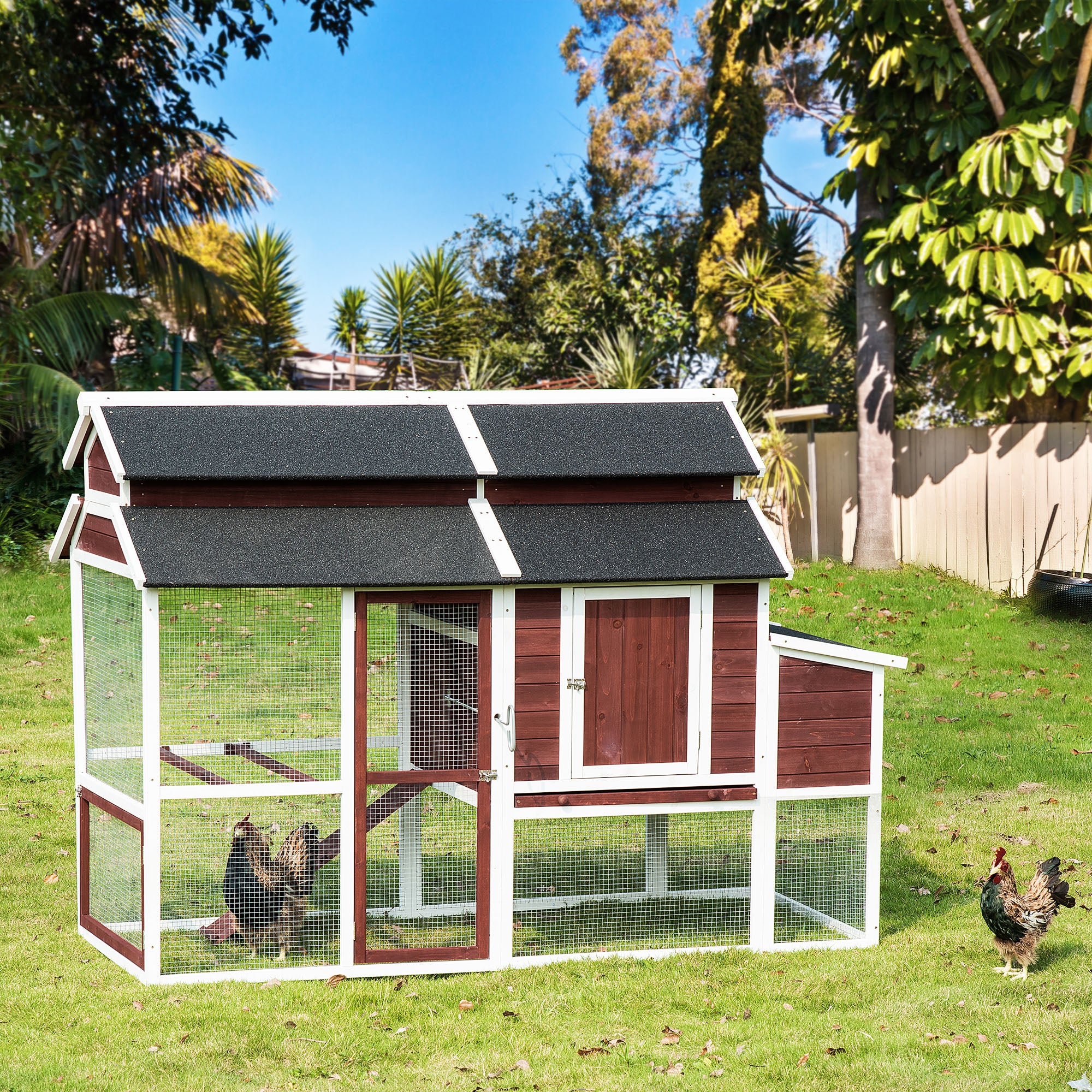 PawHut Large Chicken Coop with Run Poultry Coops Cages Hen House Wooden Chicken Run, Nesting Box, Removable Tray, Waterproof Asphalt Roof 207 x 105 x 145cm