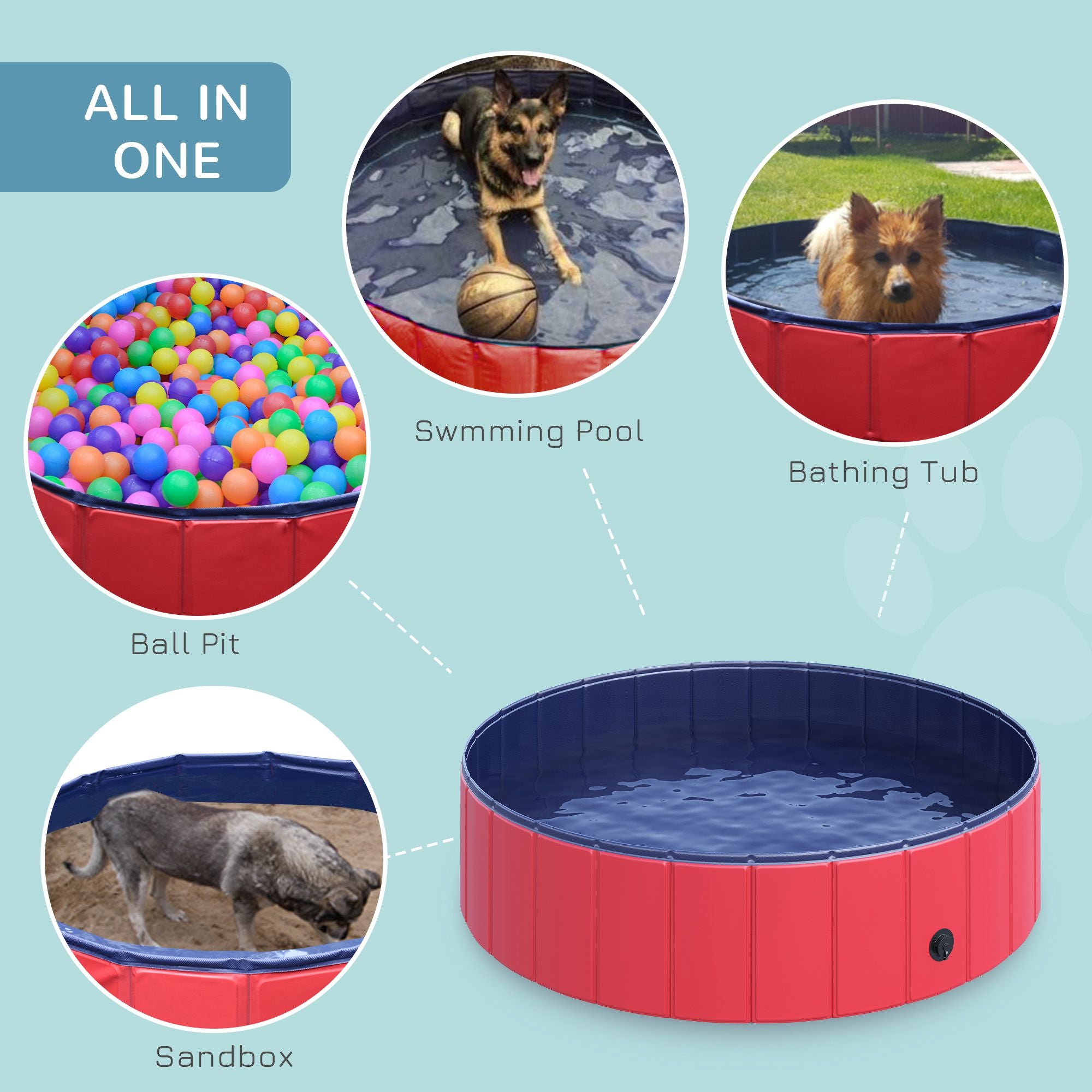 PawHut Folding Dog Pool Portable Pet Kiddie Swimming Pool, Outdoor/Indoor Puppy Bath Tub with Nonslip Bottom for Dogs & Cats,  (Φ47", Red)