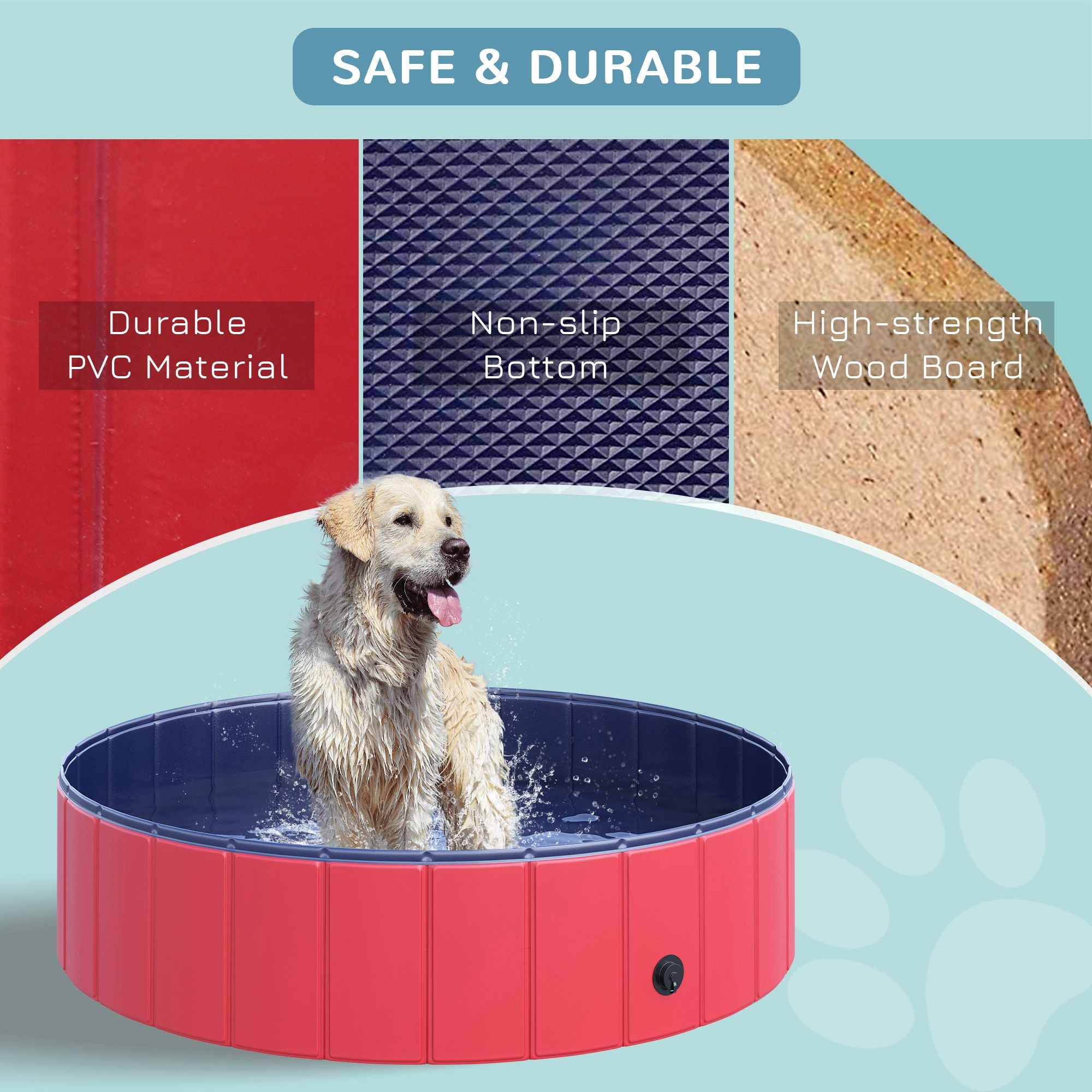 PawHut Folding Dog Pool Portable Pet Kiddie Swimming Pool, Outdoor/Indoor Puppy Bath Tub with Nonslip Bottom for Dogs & Cats,  (Φ47", Red)