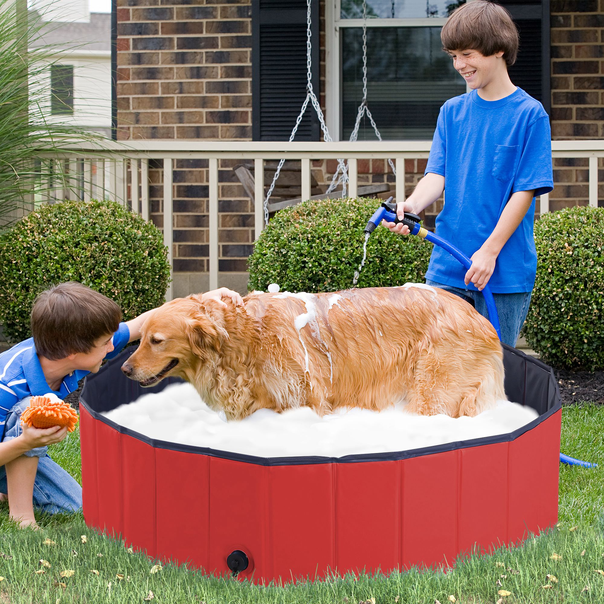 PawHut Foldable Dog Paddling Pool Pet Cat Swimming Pool Indoor/Outdoor Collapsible Summer Bathing Tub Shower Tub Puppy Washer (Φ120 × 30H cm, Red)