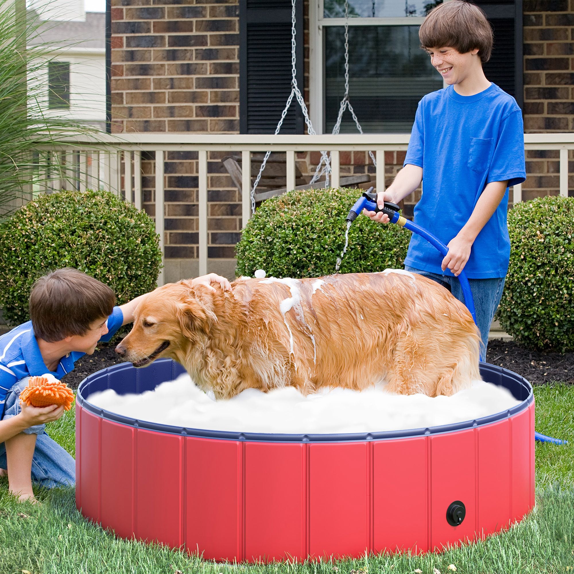 PawHut Folding Dog Pool Portable Pet Kiddie Swimming Pool, Outdoor/Indoor Puppy Bath Tub with Nonslip Bottom for Dogs & Cats,  (Φ47", Red)