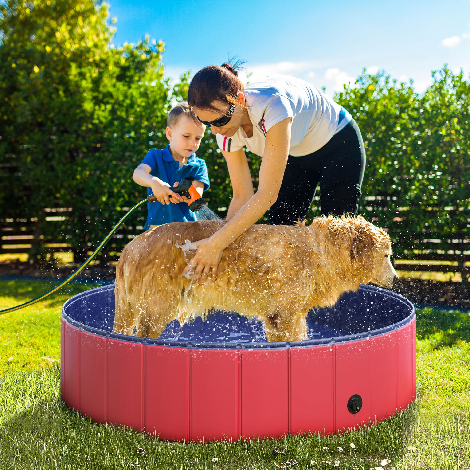 PawHut Folding Dog Pool Portable Pet Kiddie Swimming Pool, Outdoor/Indoor Puppy Bath Tub with Nonslip Bottom for Dogs & Cats,  (Φ47", Red)
