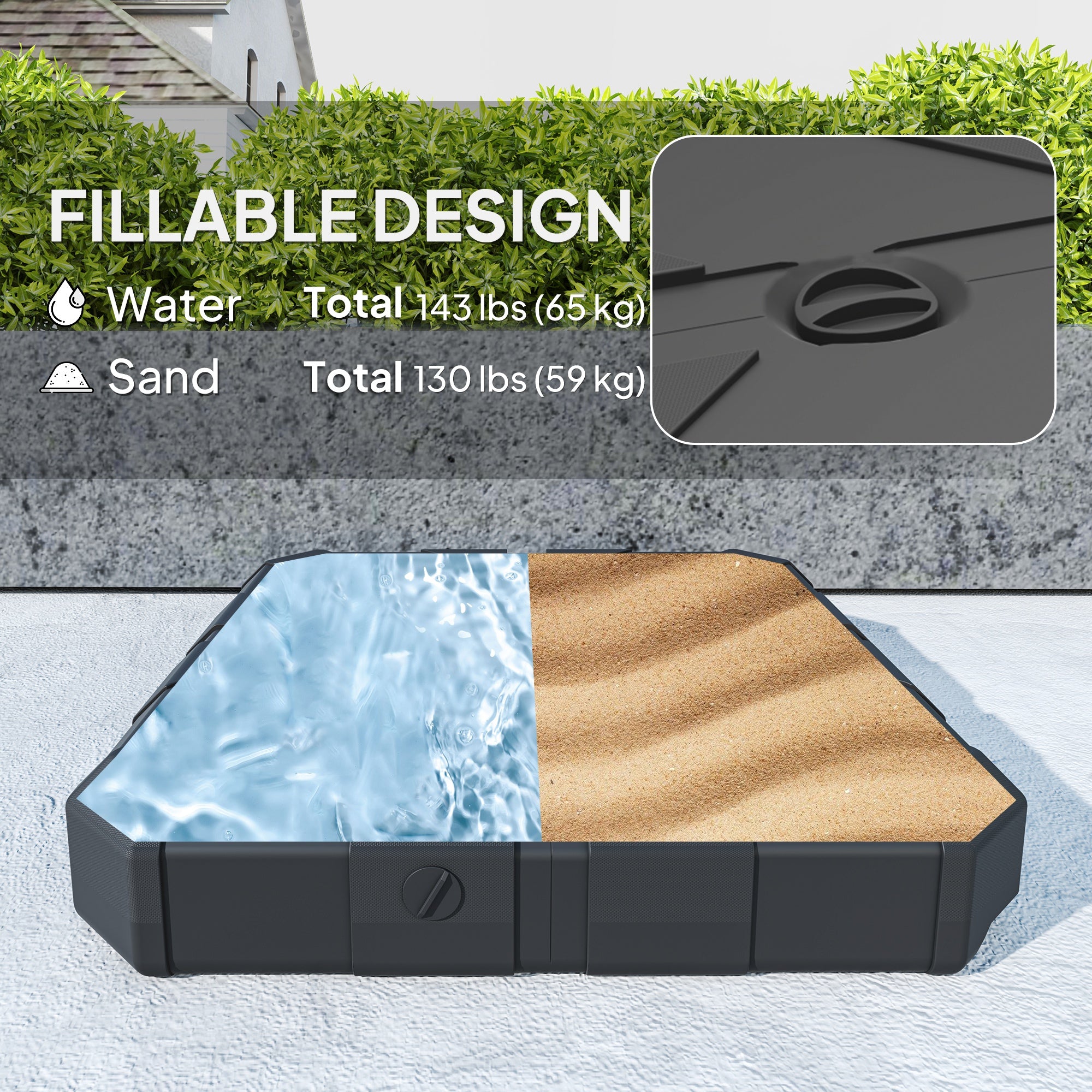 Outsunny Square Patio Umbrella Base Weight, Heavy Duty Cantilever Offset Umbrella Base, Filled Up to 143lbs with Stand or 130lbs with Water for Garden Poolside, Black