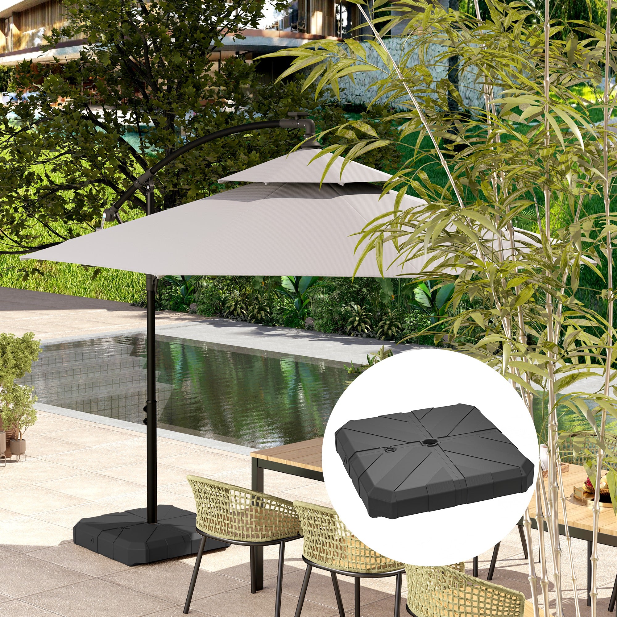 Outsunny Square Patio Umbrella Base Weight, Heavy Duty Cantilever Offset Umbrella Base, Filled Up to 143lbs with Stand or 130lbs with Water for Garden Poolside, Black