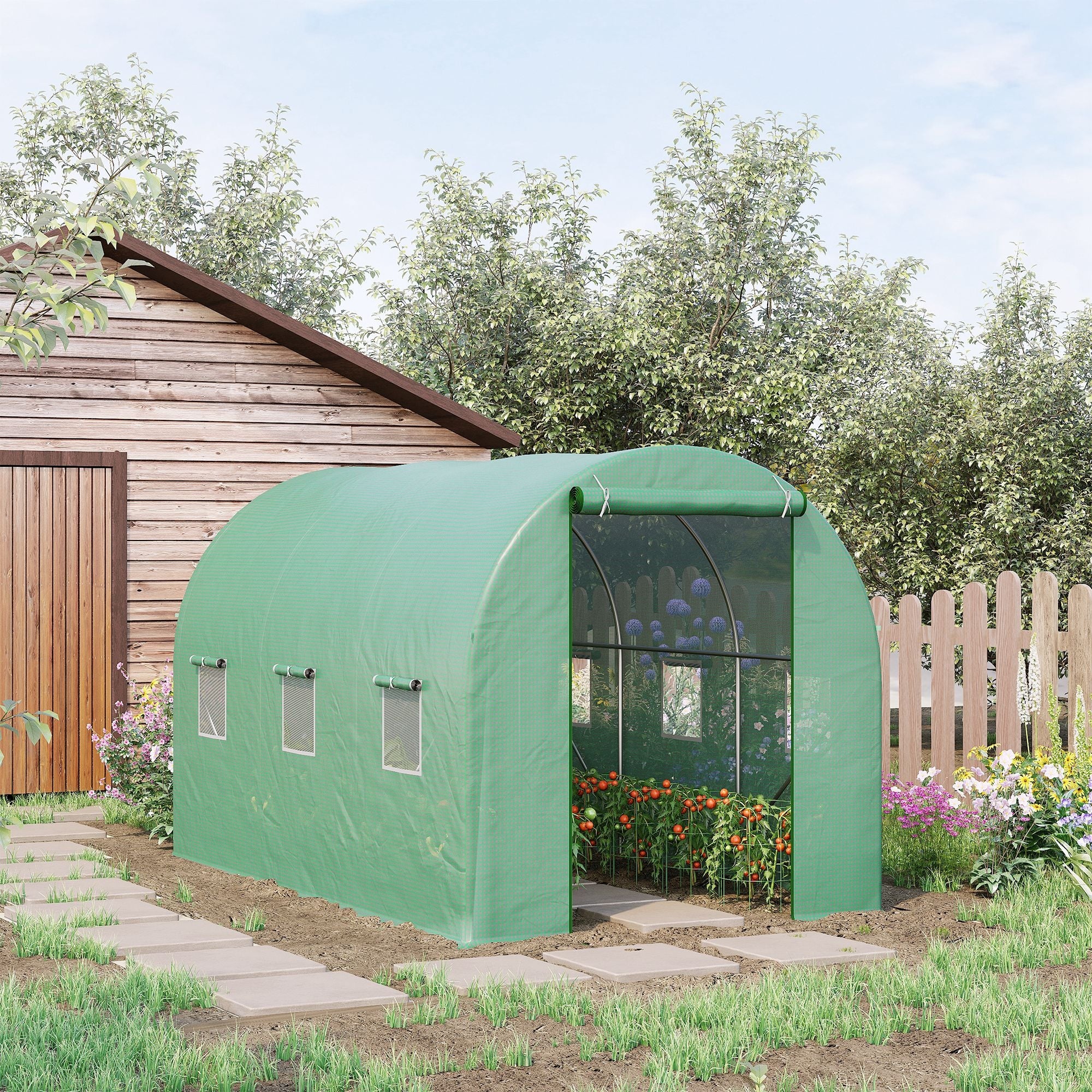 Outsunny 11.5' x 6.6' x 6.6' Walk-in Tunnel Greenhouse Garden Plant Seed Growing Warm House Outdoor Hot House w/ Roll Up Door, Windows, PE Cover Green