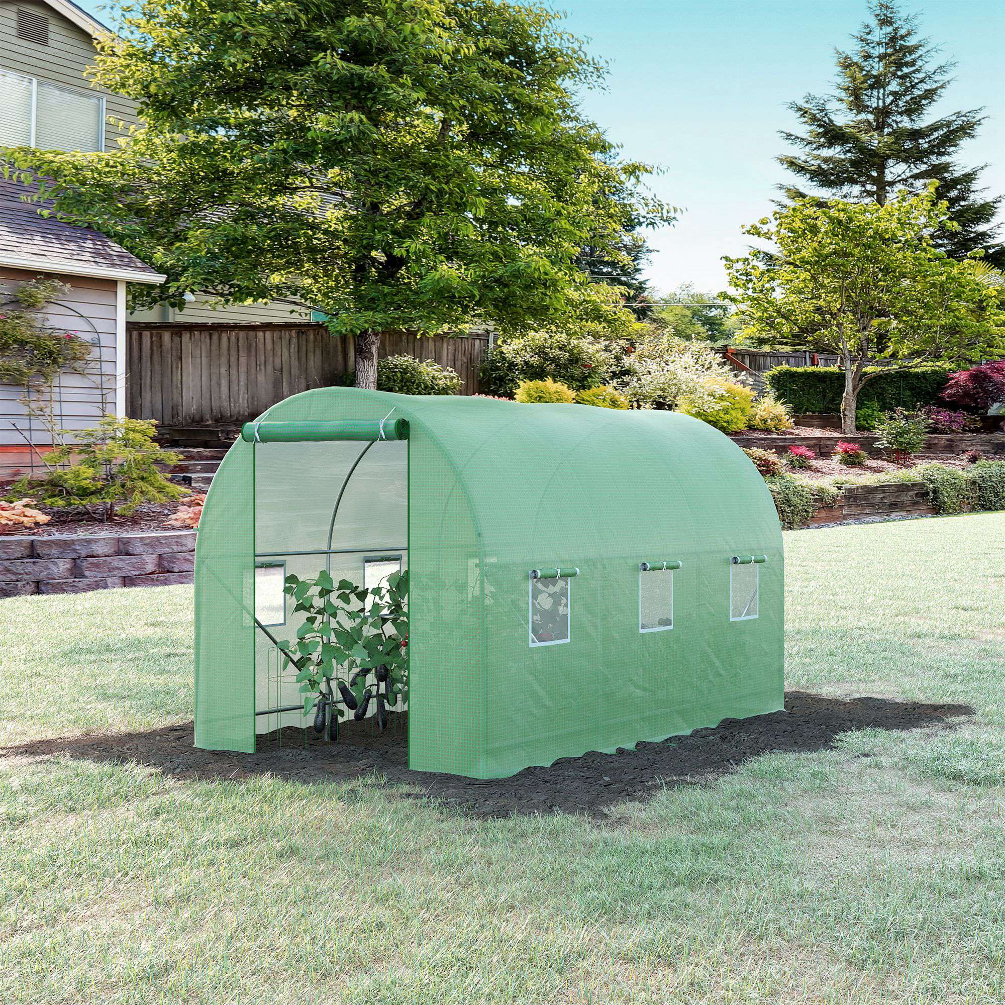 Outsunny 11.5' x 6.6' x 6.6' Walk-in Tunnel Greenhouse Garden Plant Seed Growing Warm House Outdoor Hot House w/ Roll Up Door, Windows, PE Cover Green