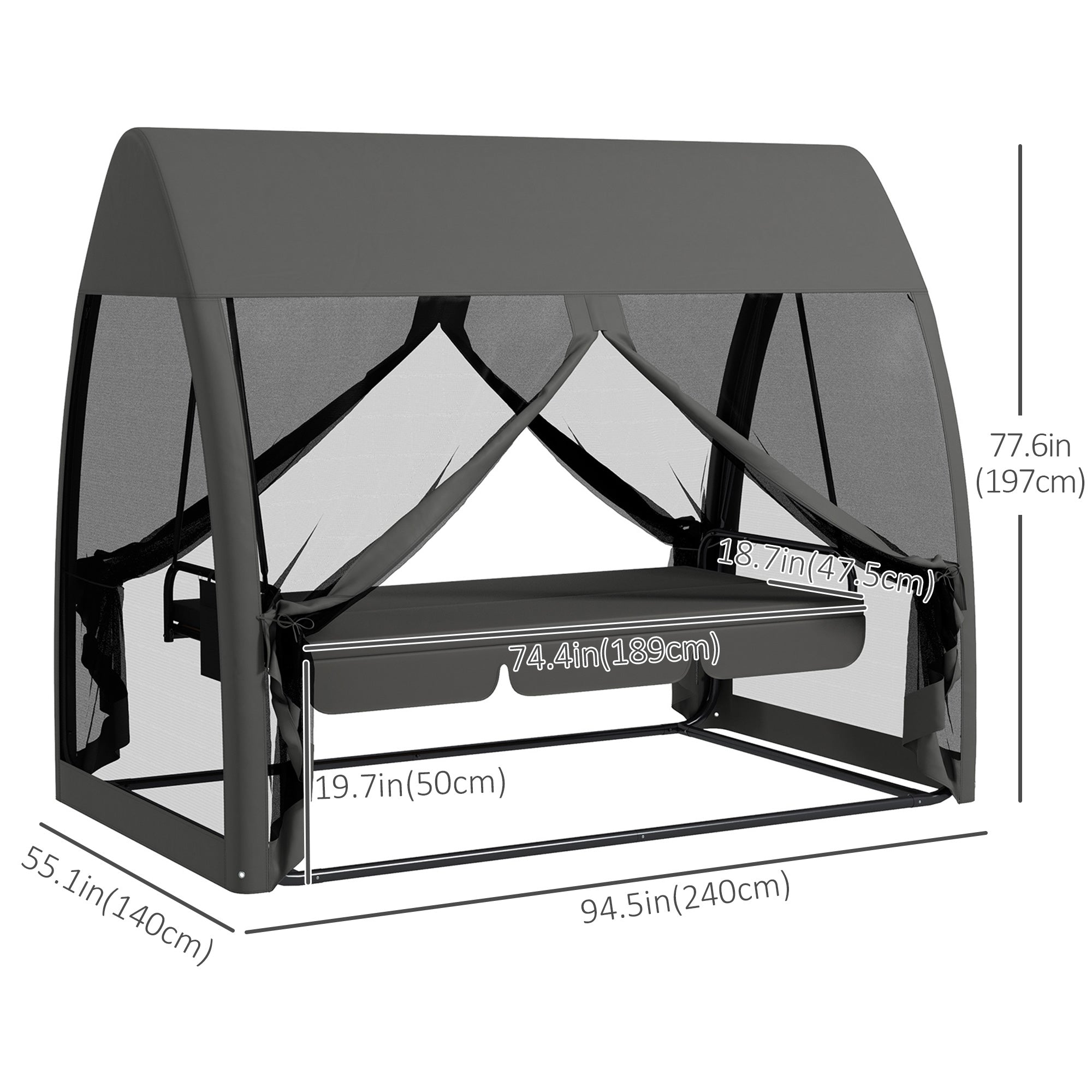 Outsunny 3-Seat Outdoor Swing Chair, Chaise Lounger Bed, Garden Hammock, Converting Flat Bed with Steel Stand, Canopy and Mesh Netting for Garden, Patio, Porch, Dark Grey